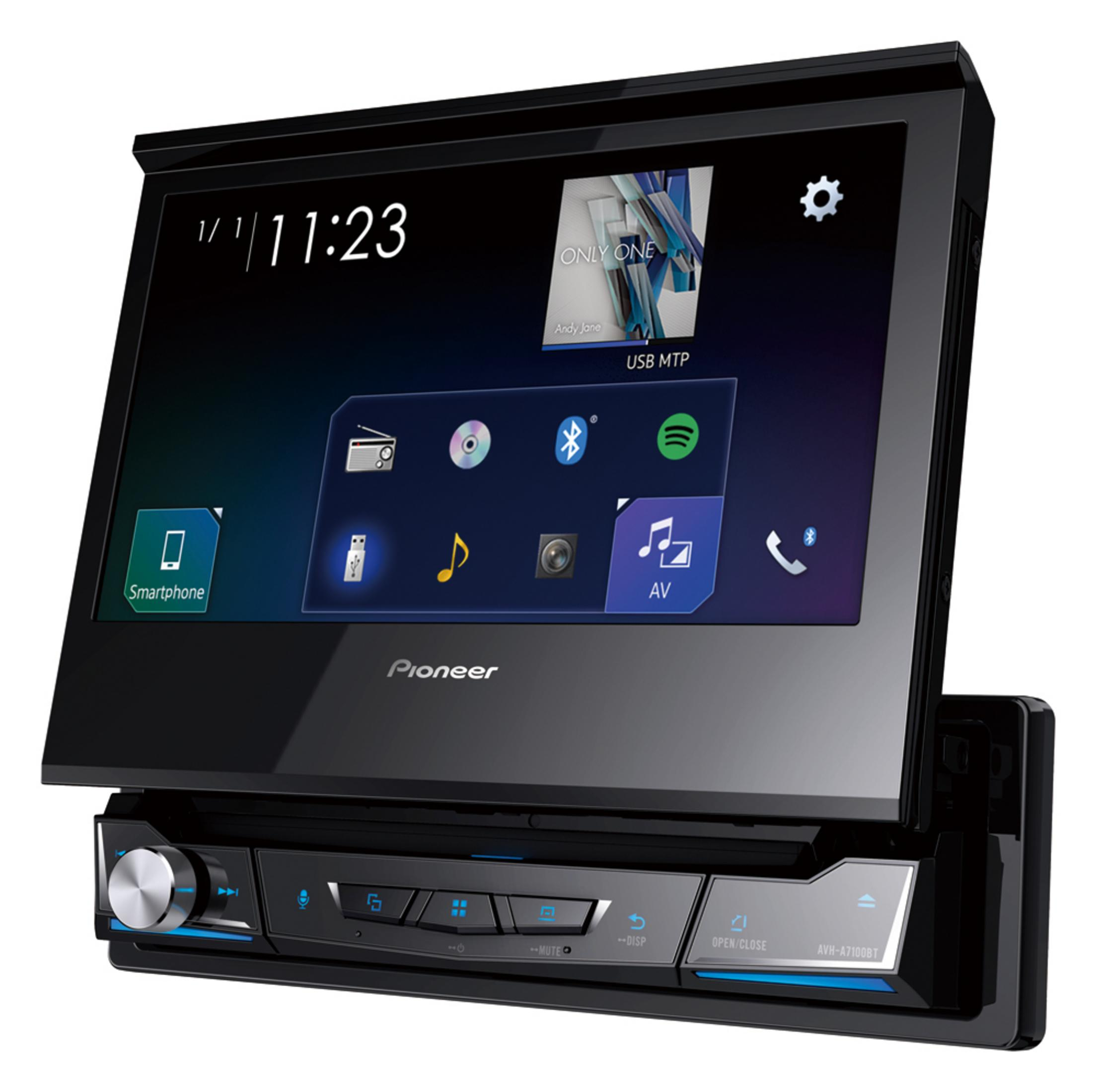 Ein Pioneer Autoradio-Touchscreen mit Menüoptionen wie Smartphone und AV.