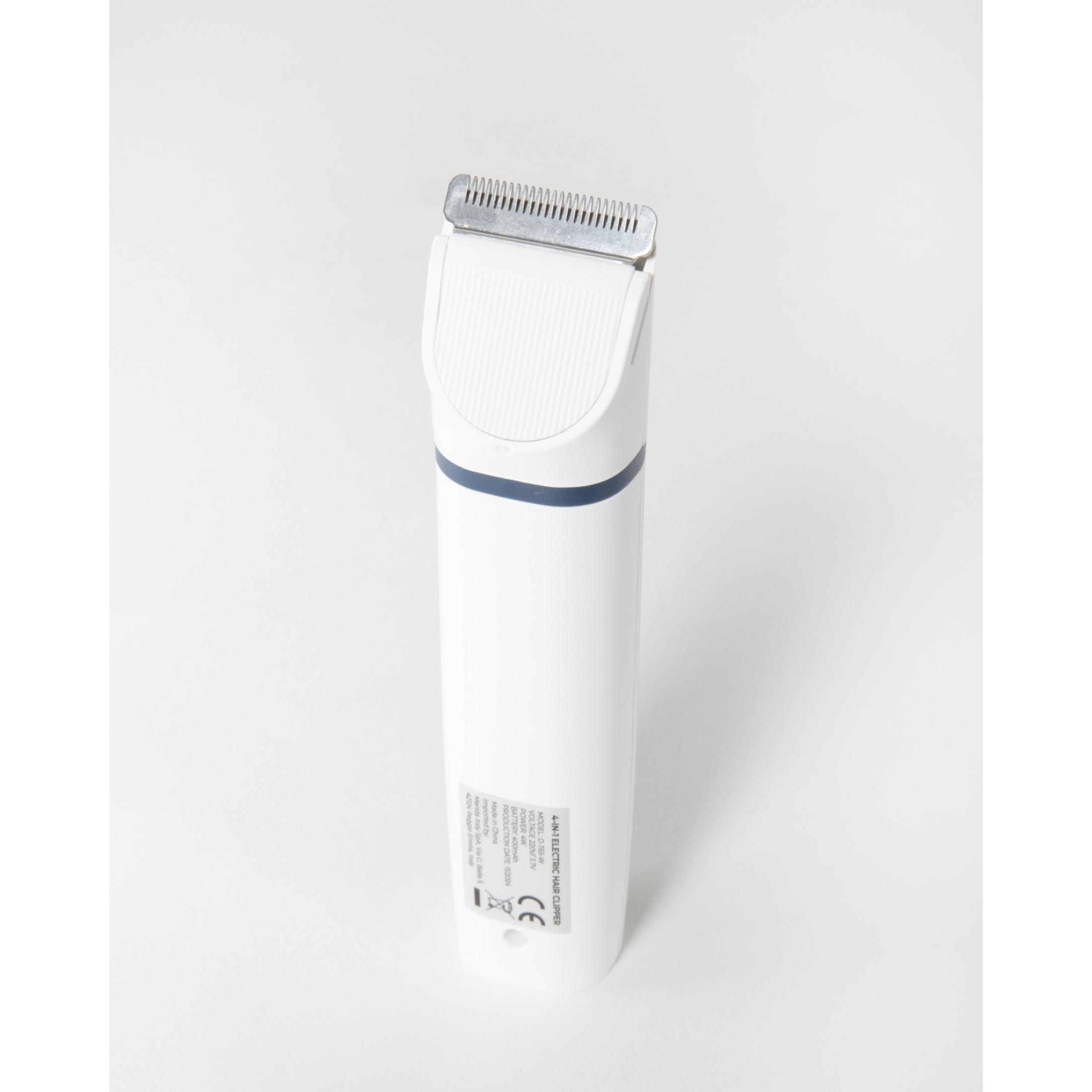Un tagliacapelli elettrico bianco 4 in 1 con lame argentate e banda blu.