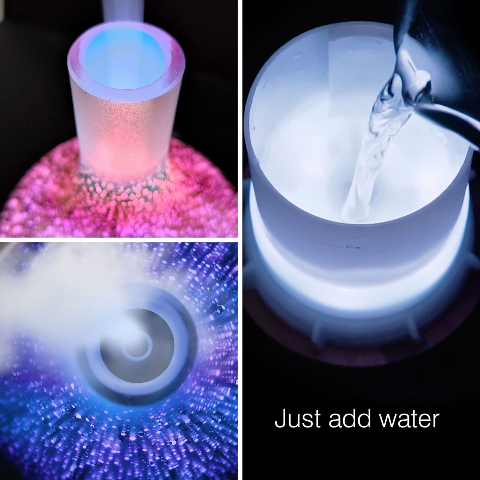 Ein Diffusor mit blauem und pinkem Licht. Wasser wird eingefüllt.