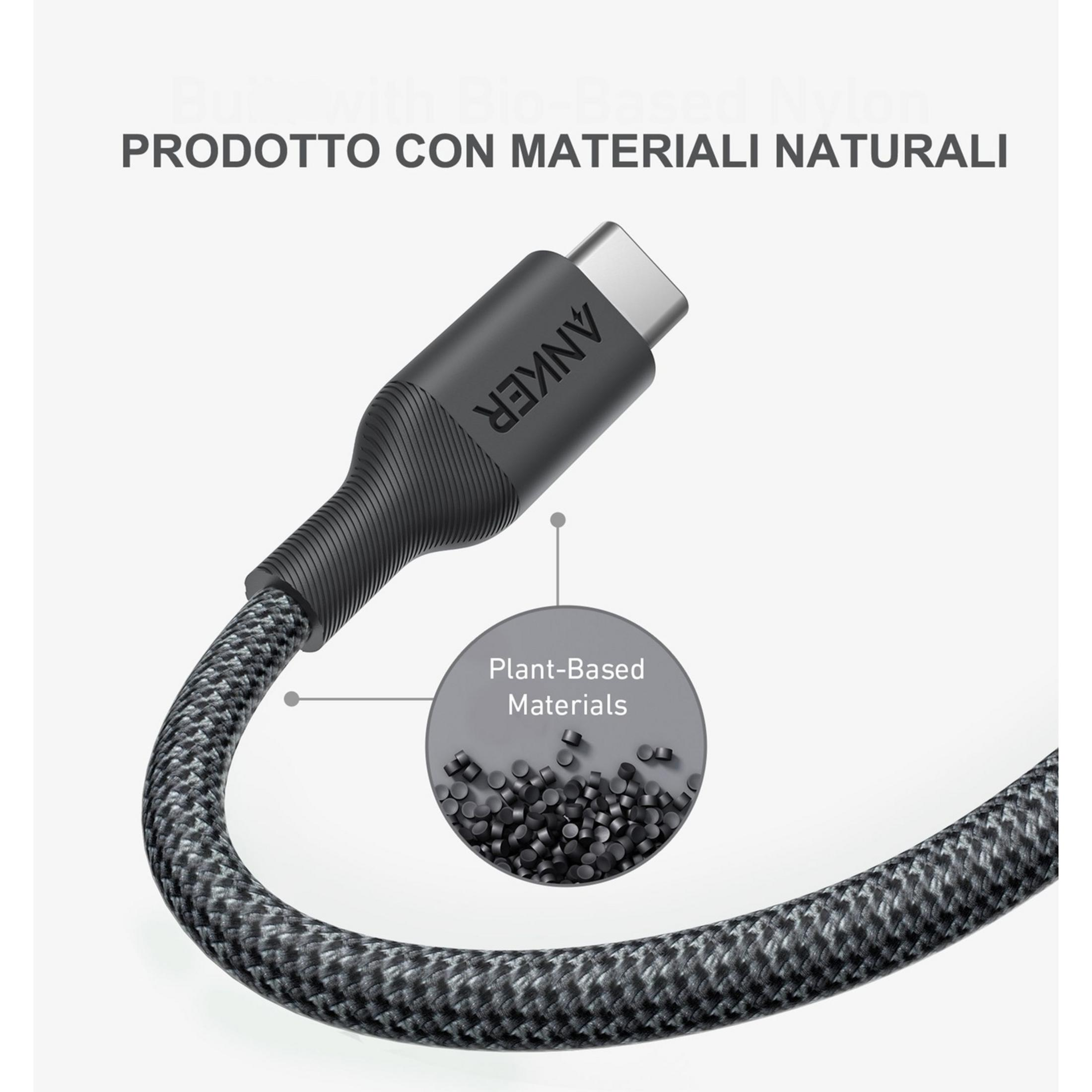 Un cavo USB-C Anker nero con esterno intrecciato e dettaglio di pellet.