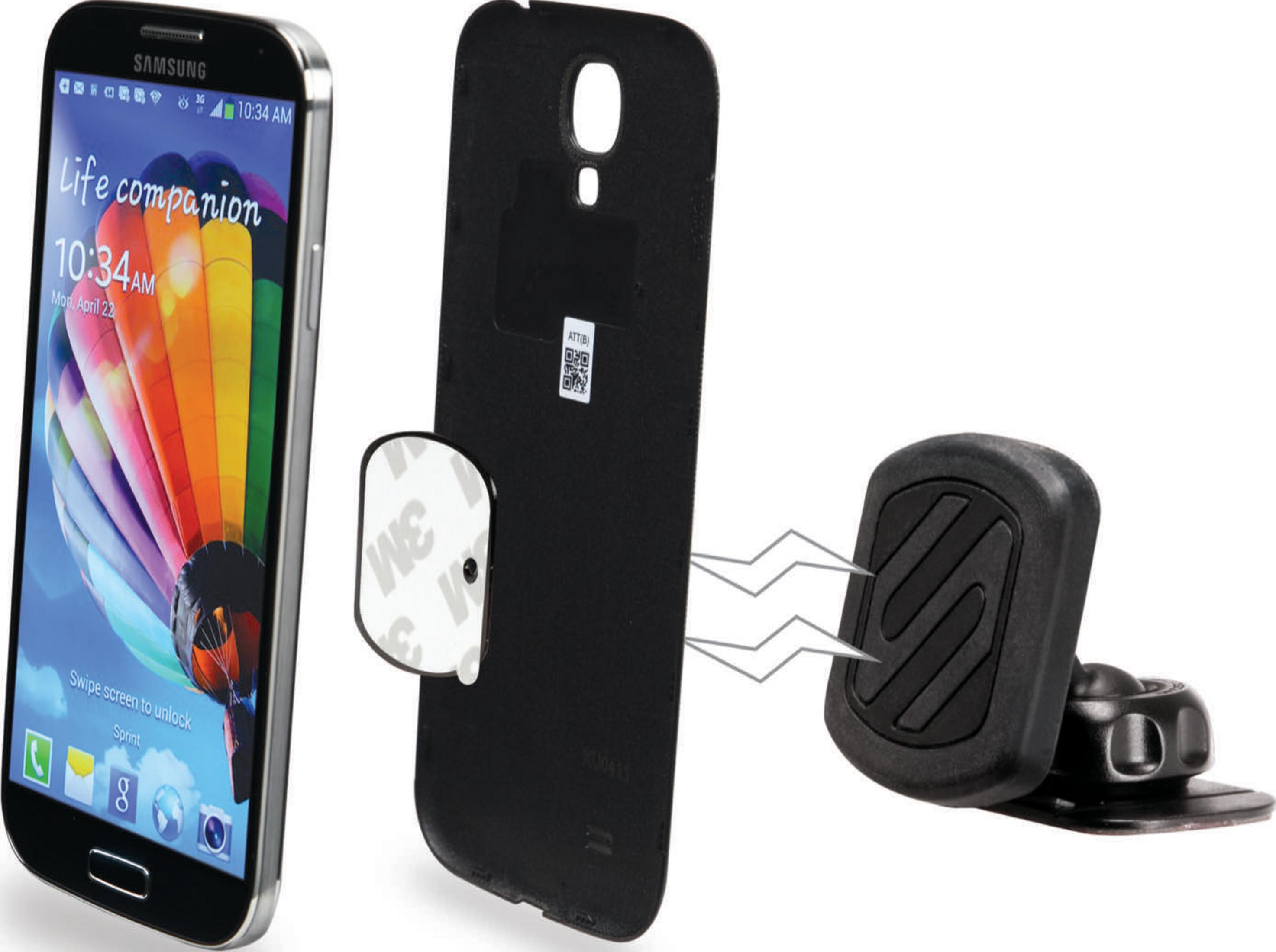 Ein Smartphone, eine schwarze Handyhülle und eine Halterung