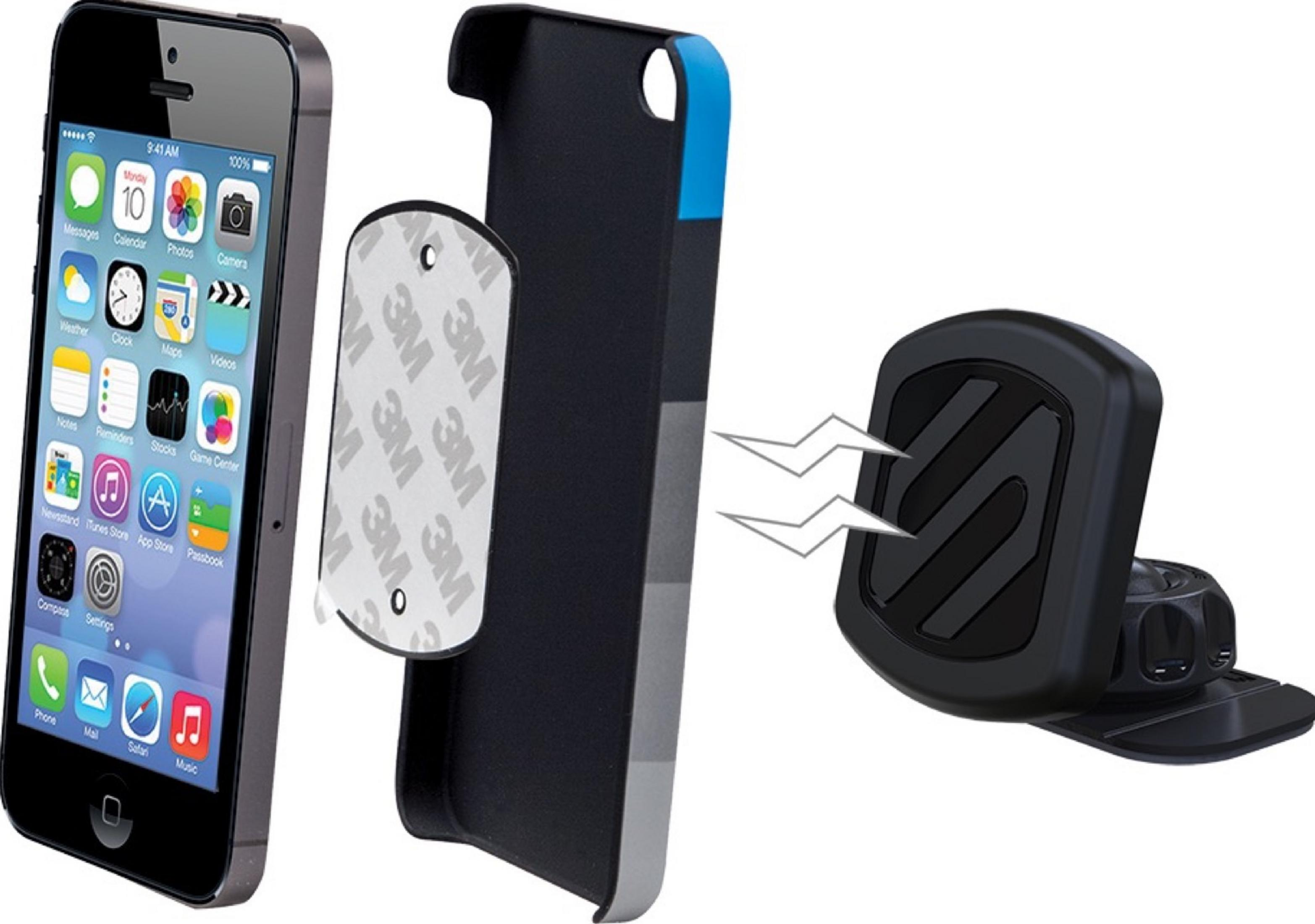 Ein iPhone, eine Handyhülle und ein magnetischer Autohalter.