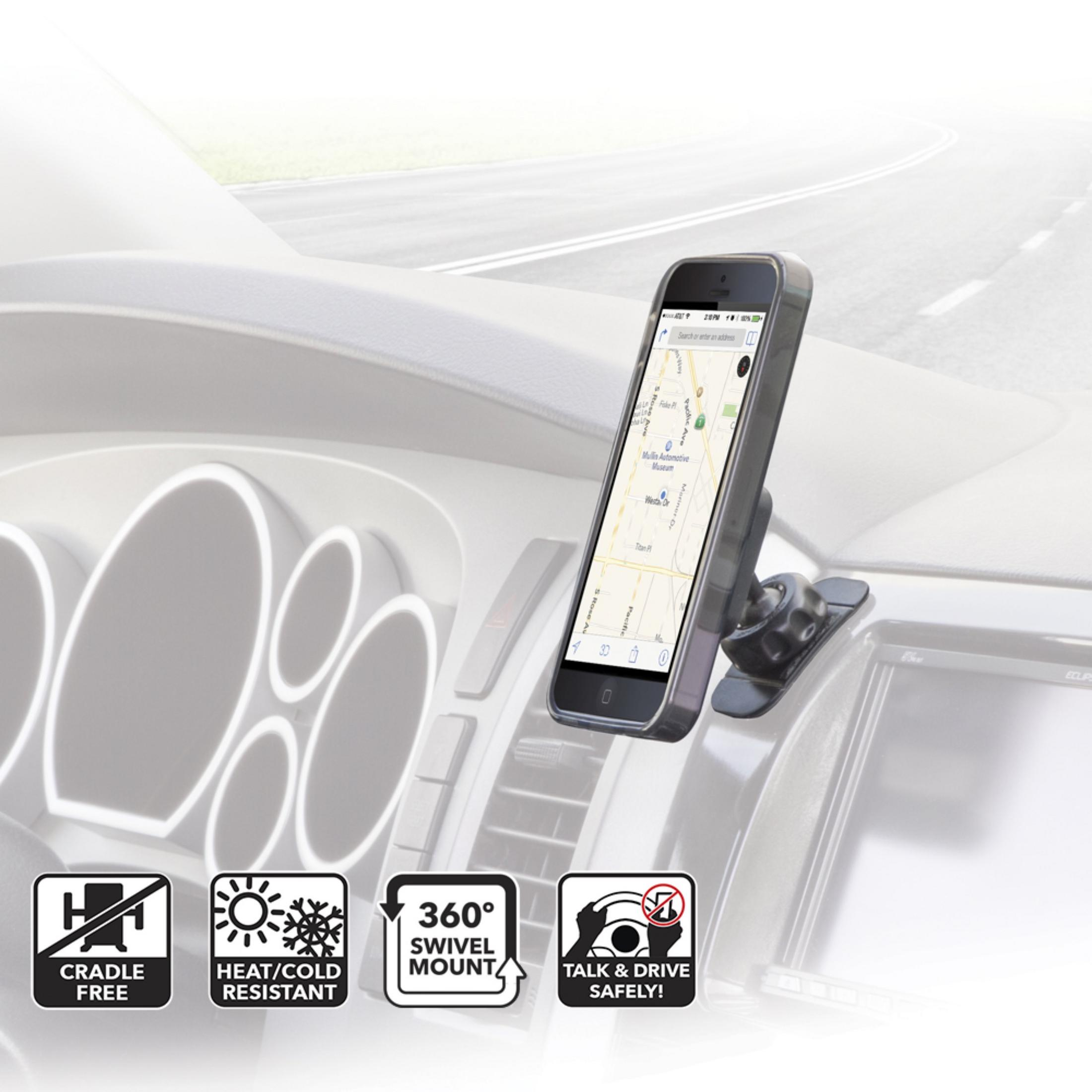 Ein Smartphone mit Navigations-App auf einer Autohalterung im Auto.