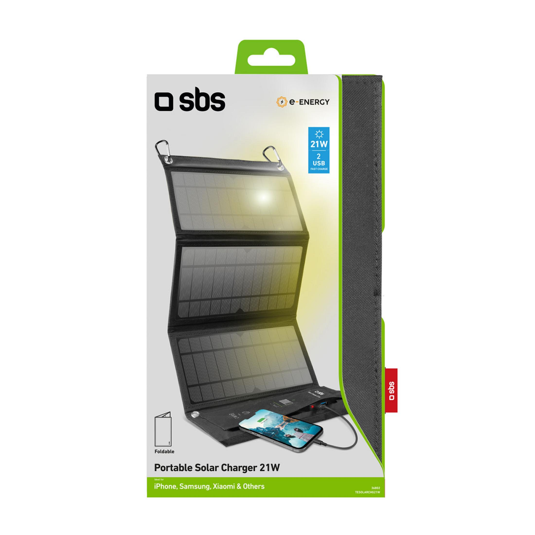 Caricatore solare pieghevole nero con 2 porte USB, carica un iPhone.