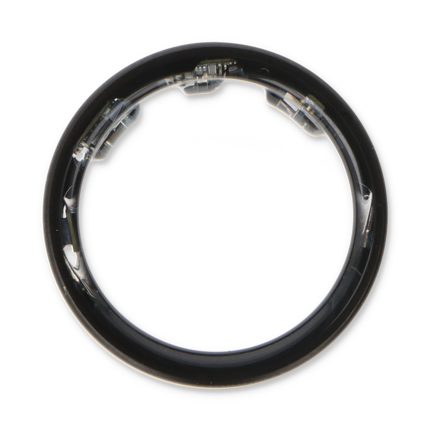 Schwarzer Ring mit sichtbaren elektronischen Komponenten im Inneren.