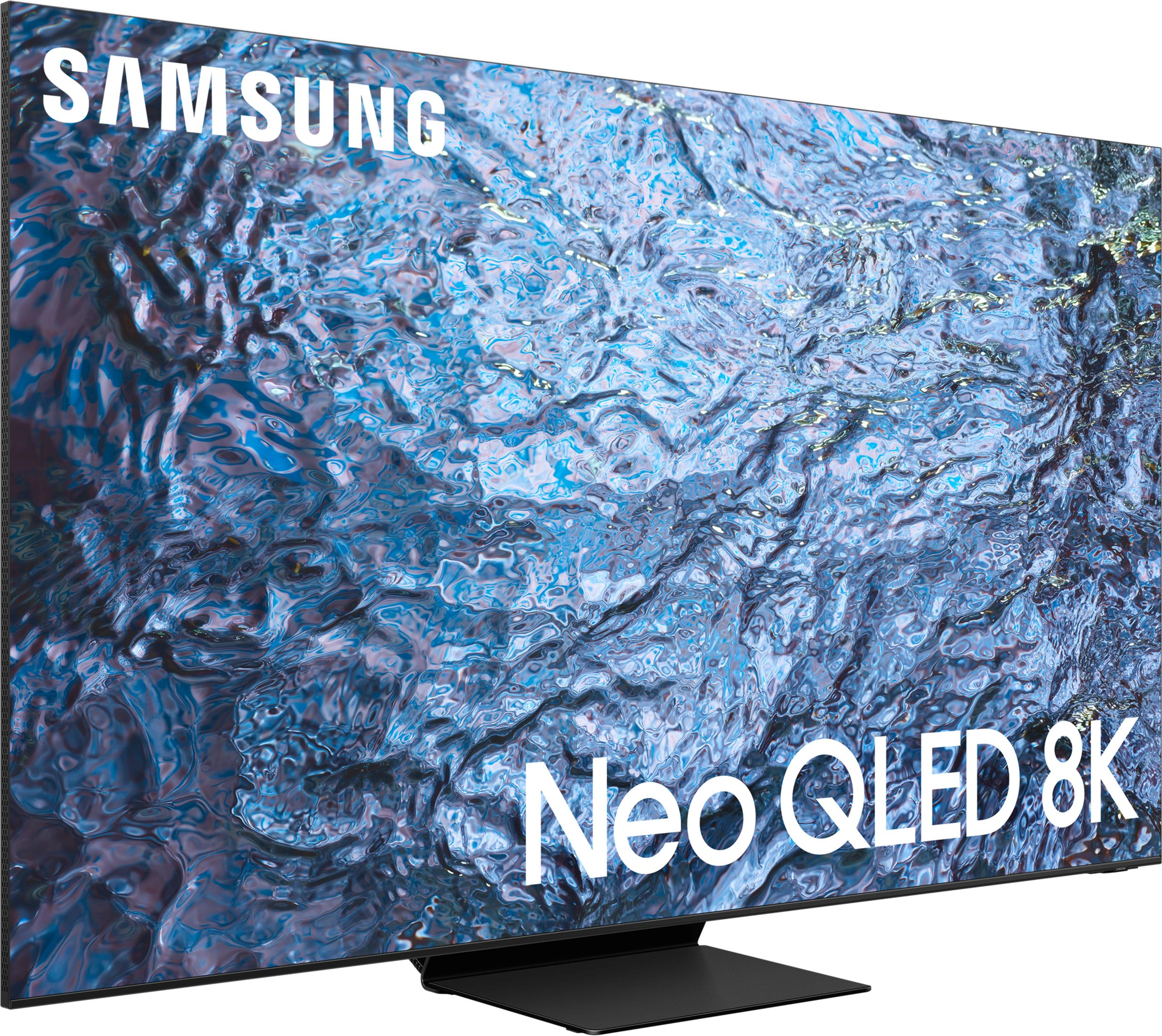 TV Samsung Neo QLED 8K con motivo blu liquido sullo schermo e supporto nero.