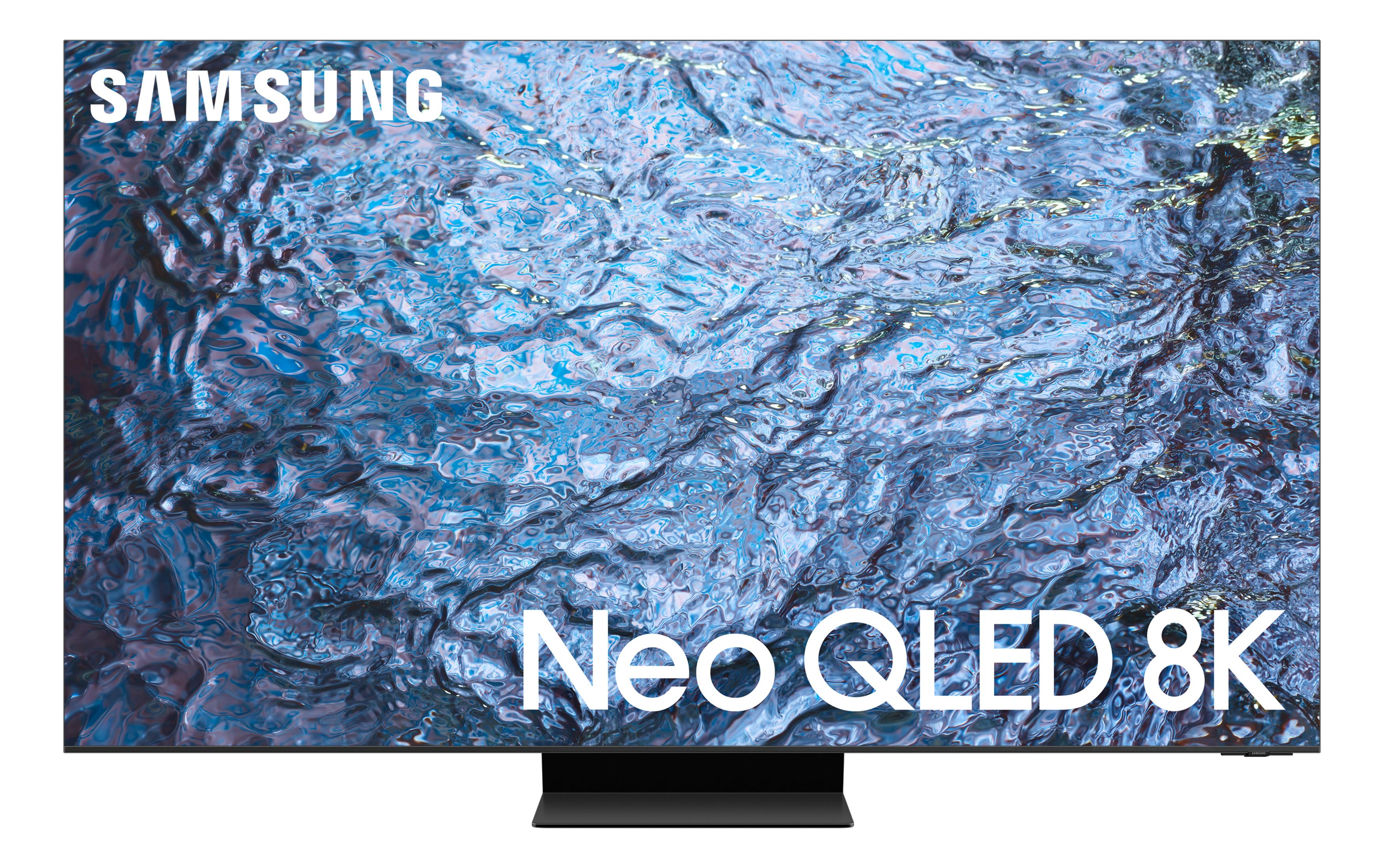 TV Samsung Neo QLED 8K con display astratto blu simile all'acqua.