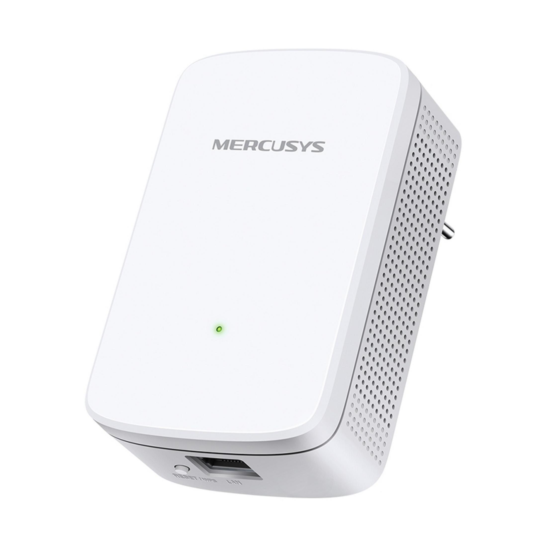 Un ripetitore Wi-Fi Mercusys bianco con porta LAN e LED verde.