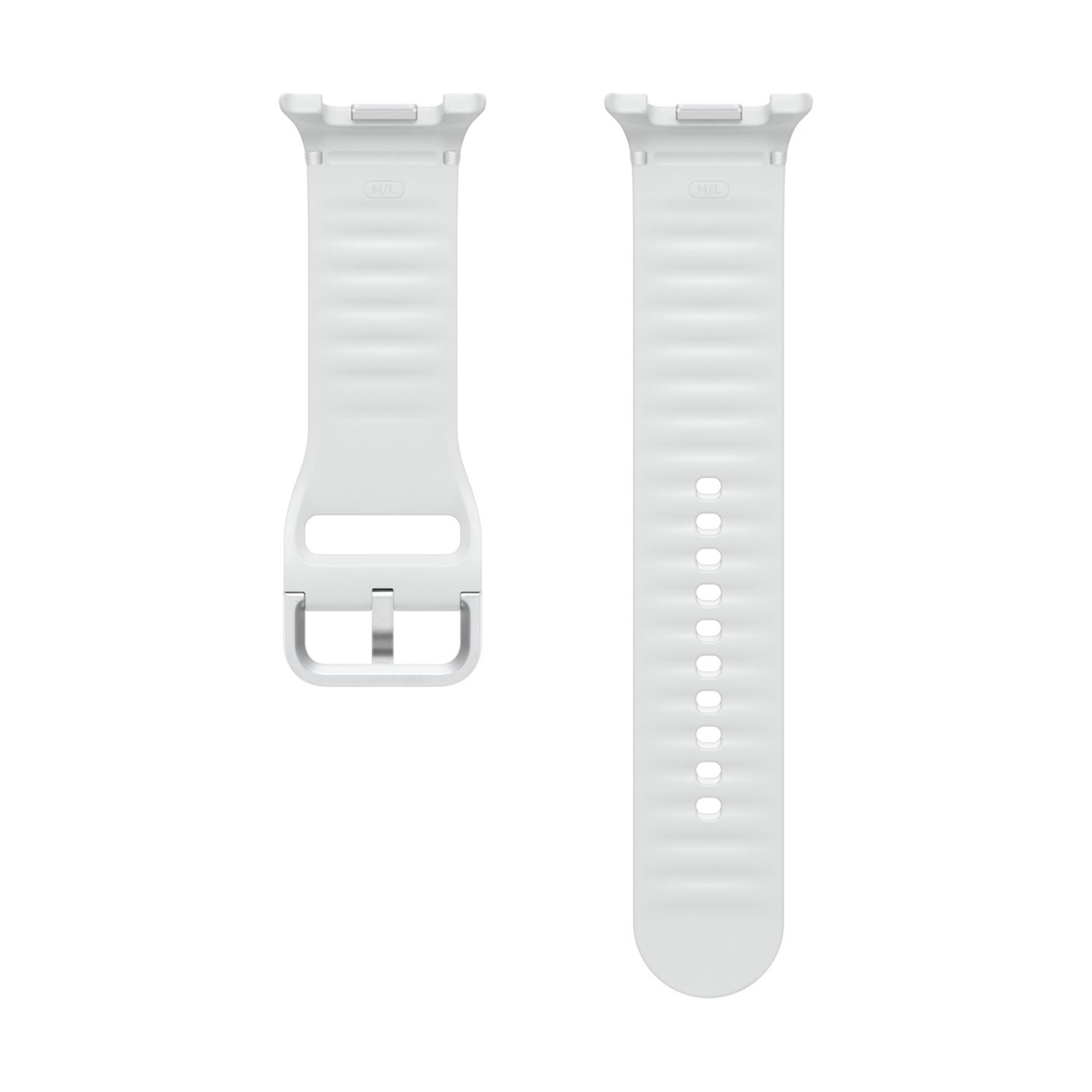 Dos correas de reloj blancas con textura acanalada y hebilla.