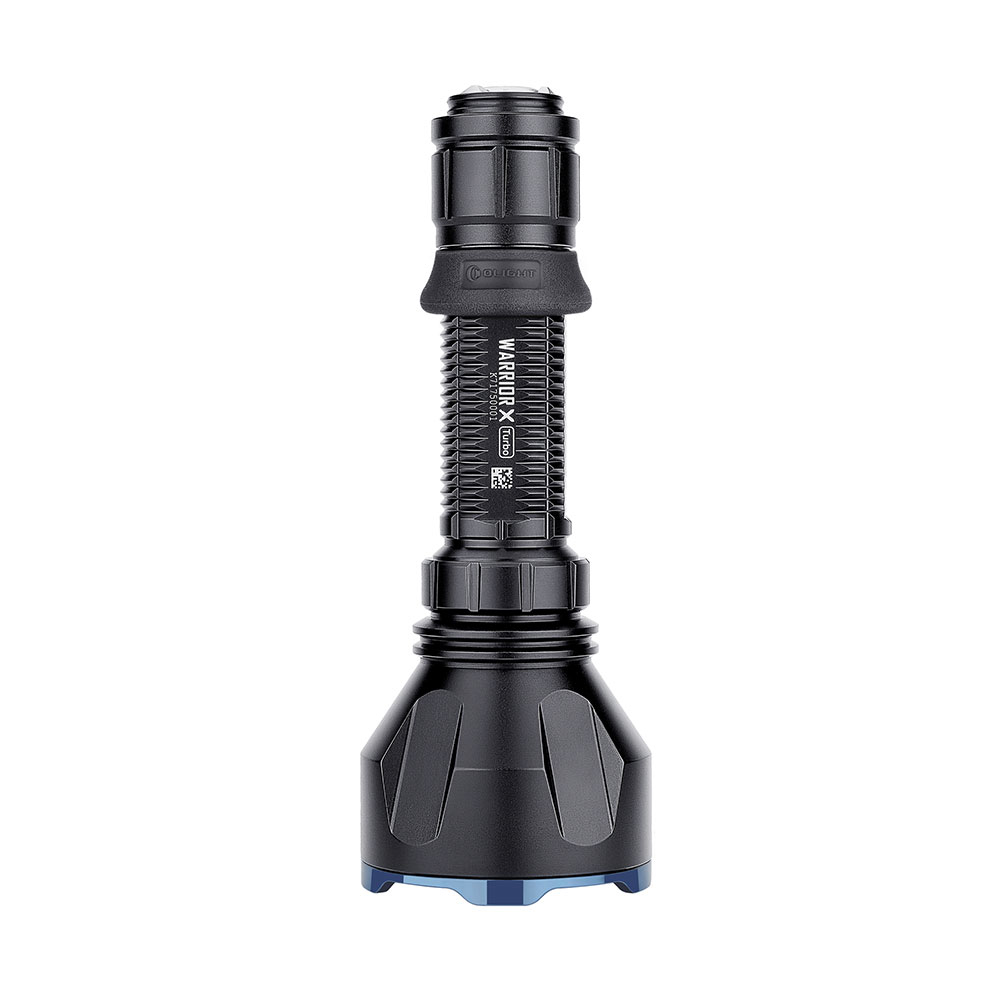 Schwarze Taschenlampe mit gerändeltem Griff und breitem Kopf.