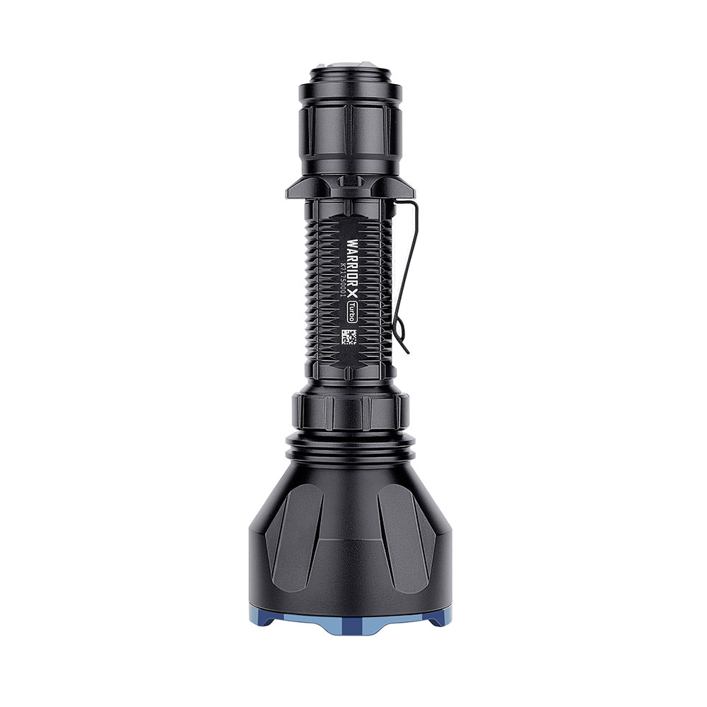 Schwarze taktische Taschenlampe mit Rillen und blauem Boden.