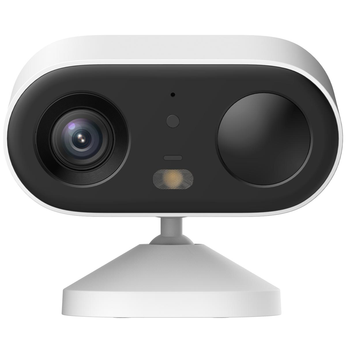 Biała kamera bezpieczeństwa z czarnym przodem, obiektywem i czujnikiem.
