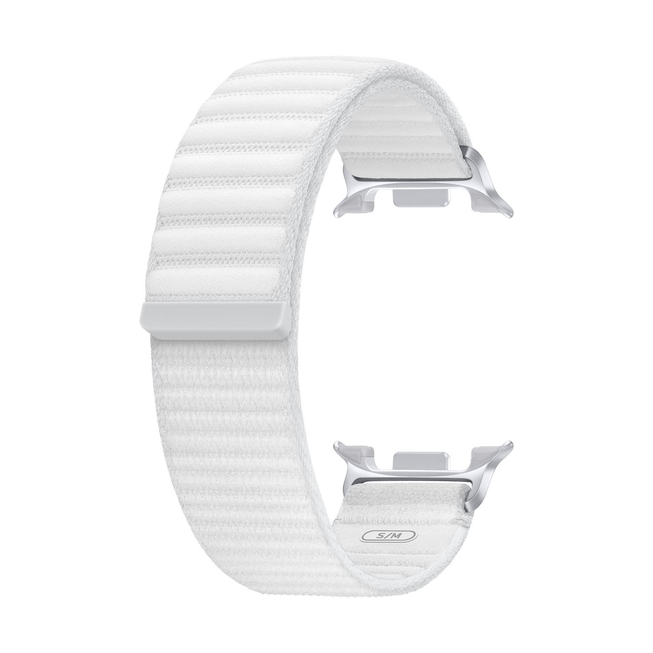 A white fabric watch band with silver connectors and stitching, on a white background.