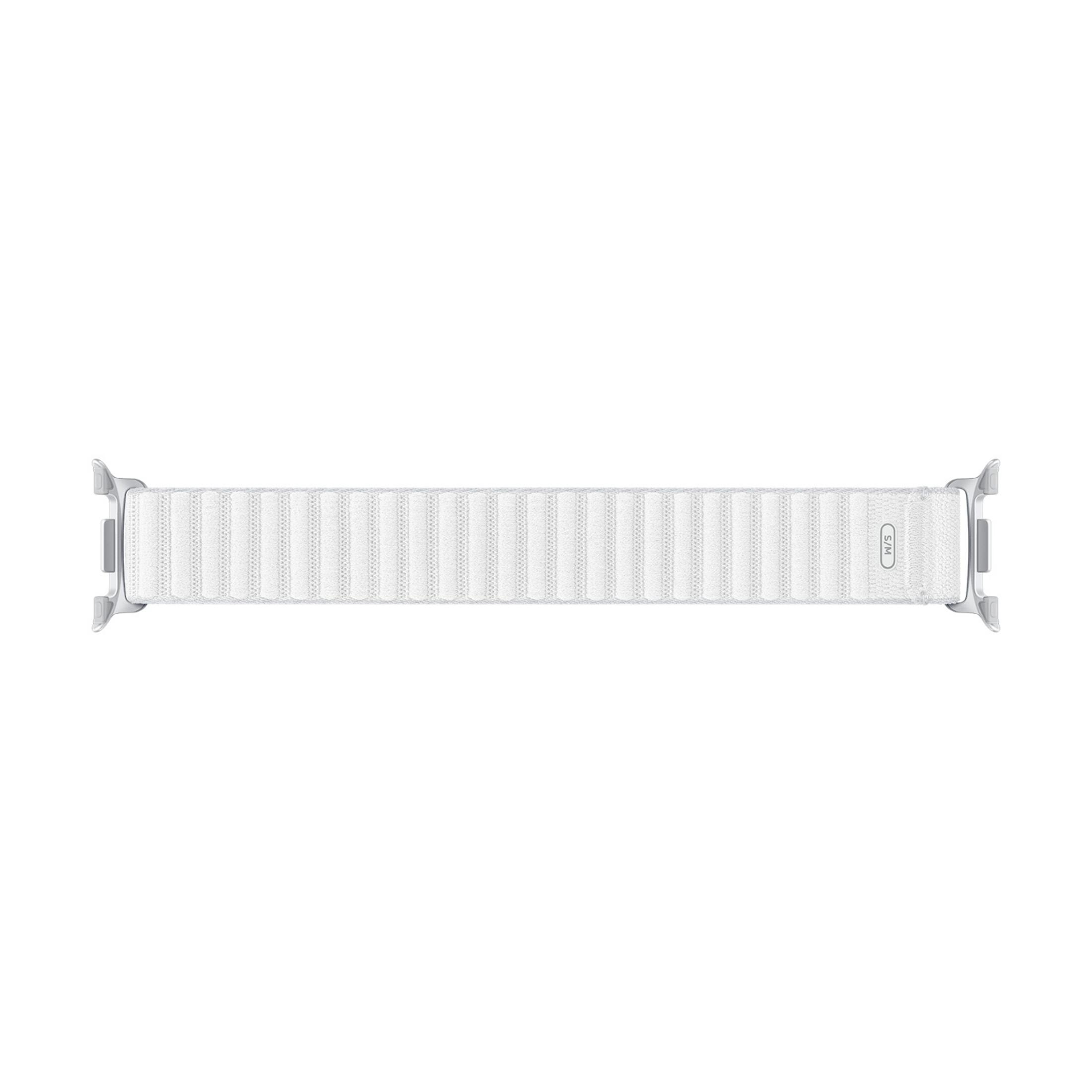 A white watch band with vertical ridges and silver connectors.