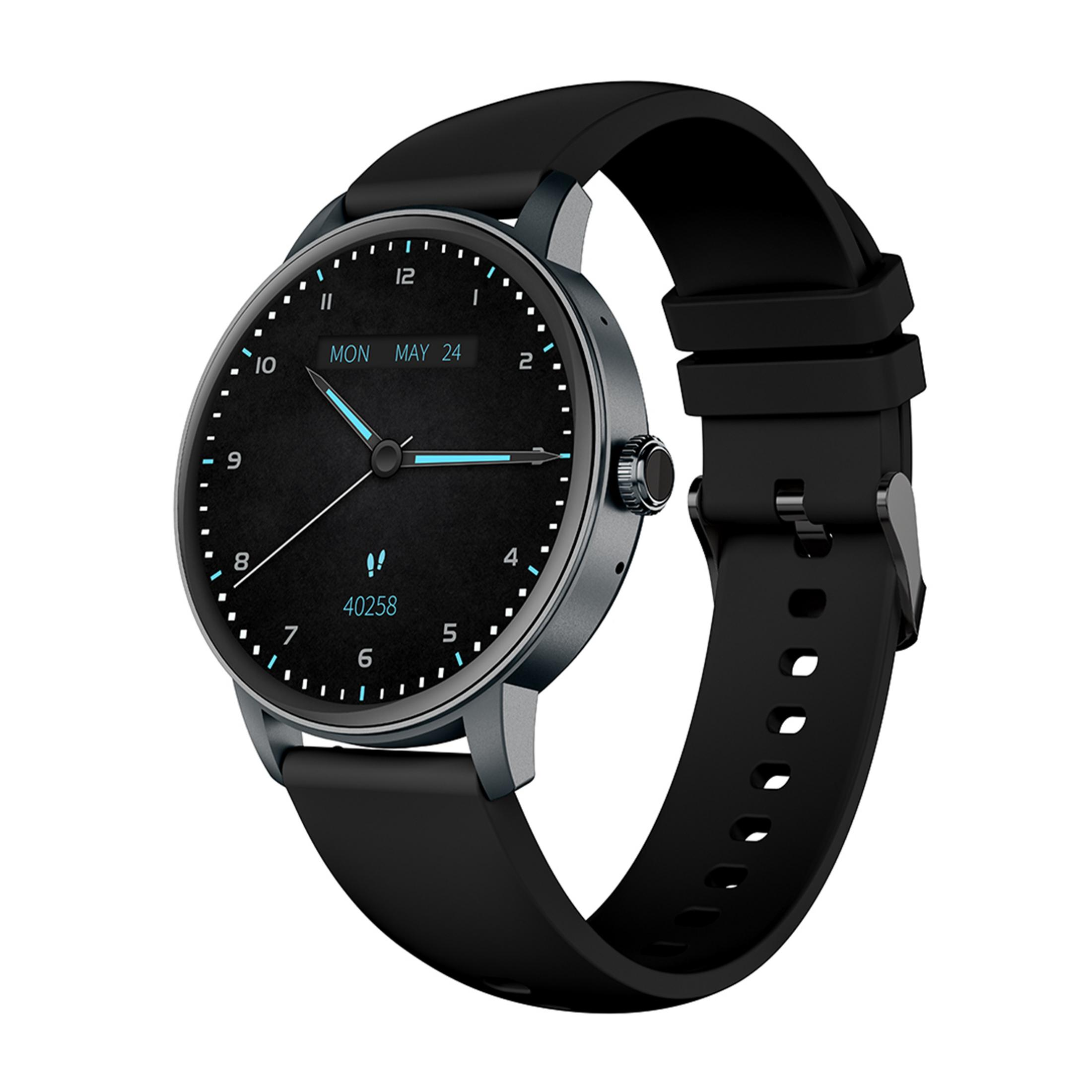 Eine schwarze Smartwatch mit grauem Gehäuse und einem digitalen Display, das Daten anzeigt.