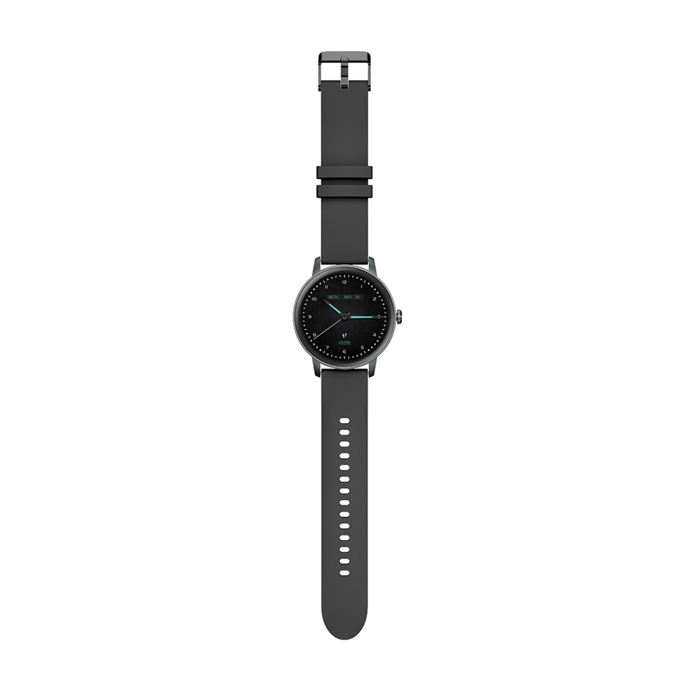 Eine dunkle Smartwatch mit schwarzem Armband und digitalem Zifferblatt.
