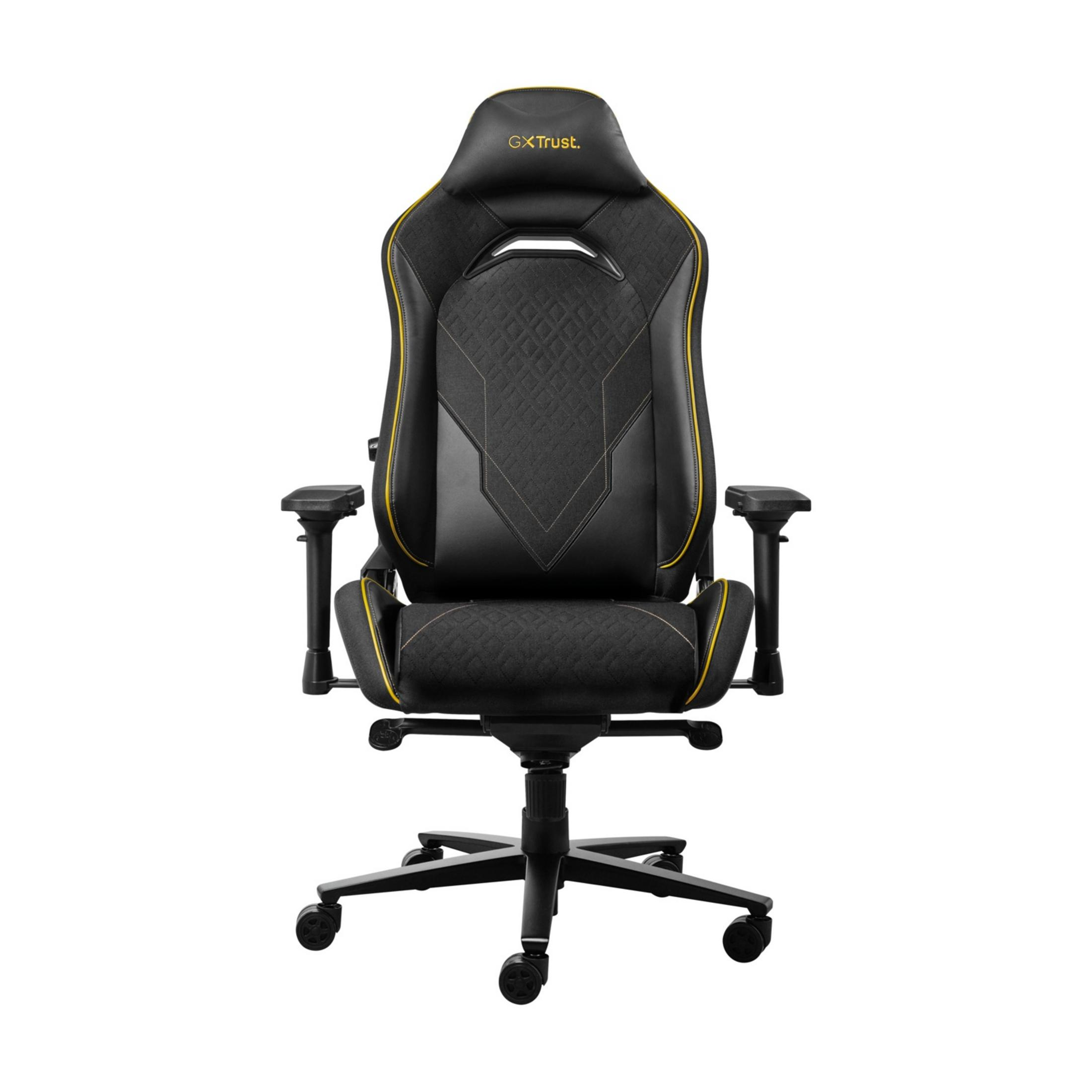 Sedia da gaming nera con accenti gialli e logo GXTrust sul poggiatesta.