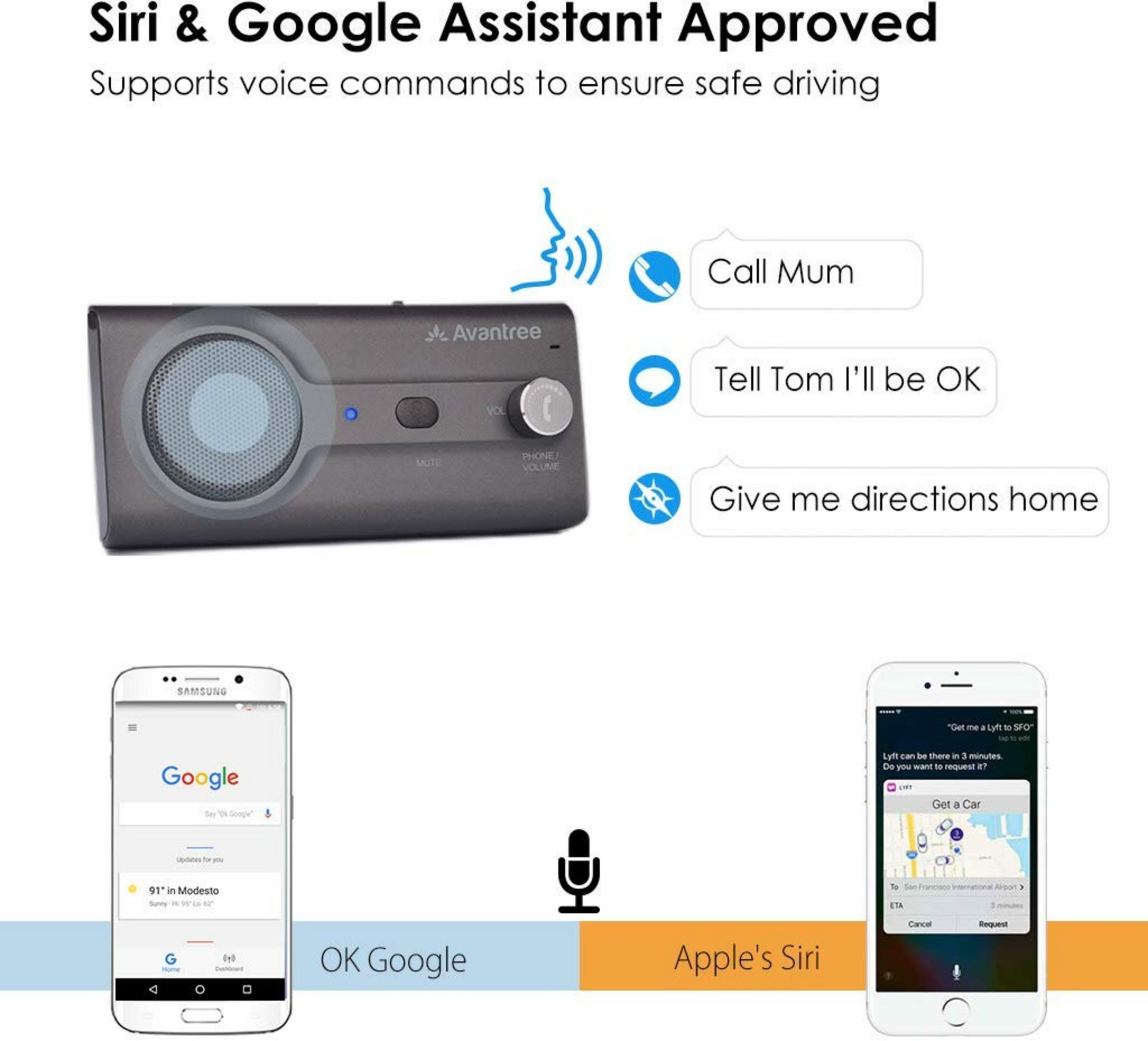 Bild zeigt Avantree Freisprecheinrichtung, Google- und Siri-Apps.