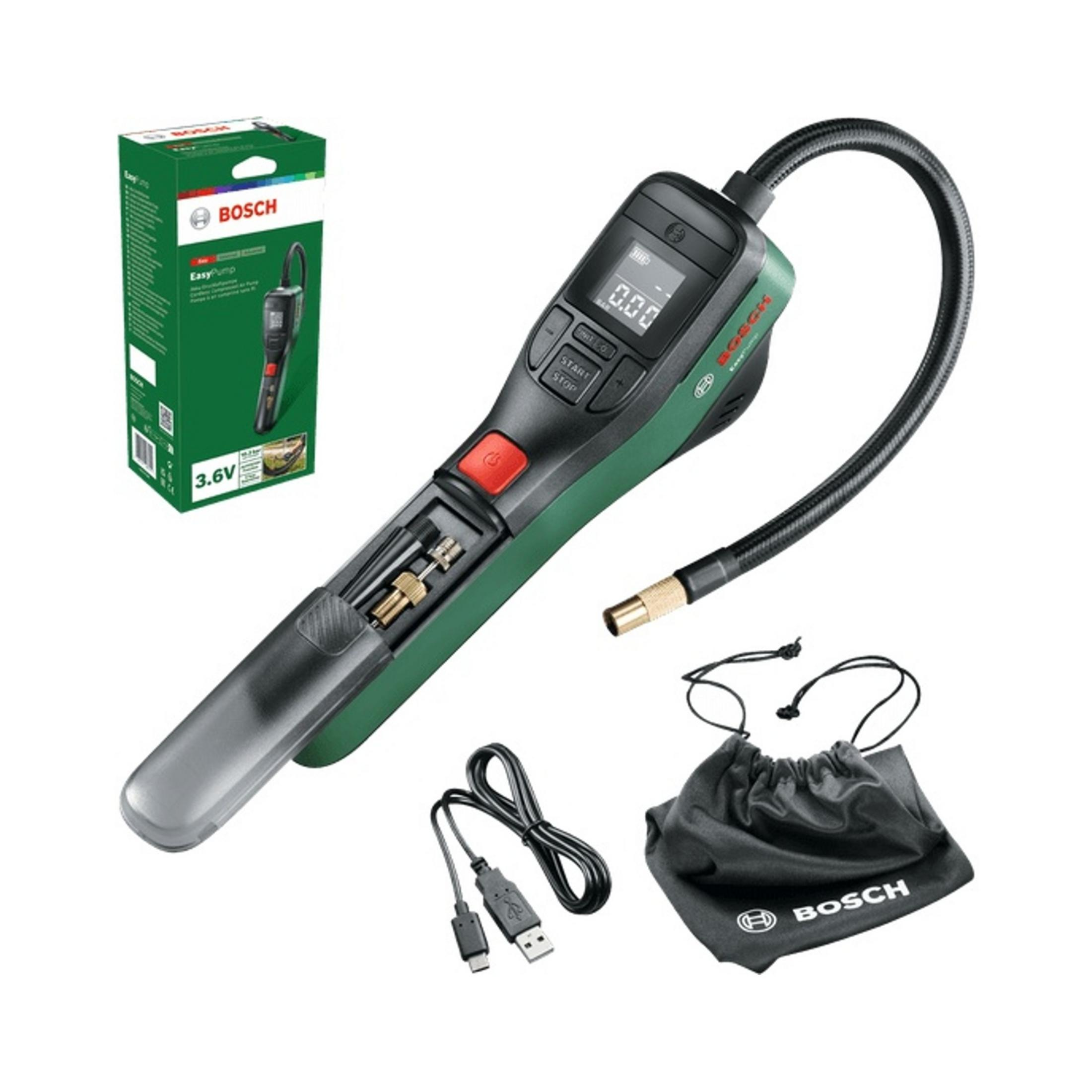Bosch Akku-Luftpumpe mit Zubehör: Gerät, Schlauch, USB-Kabel, Tasche, Box.