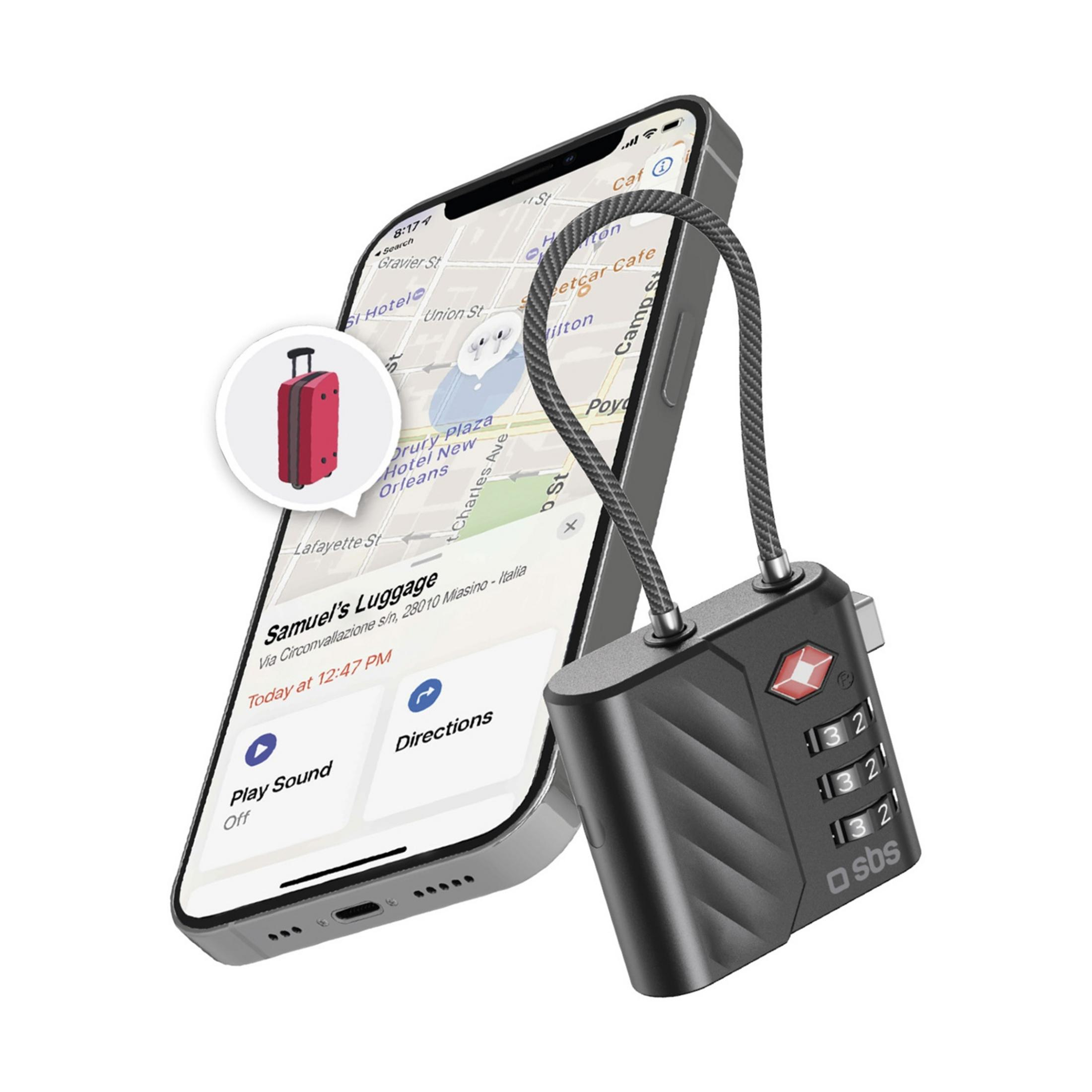 Uno smartphone mostra una mappa con un'etichetta per bagagli e un lucchetto.