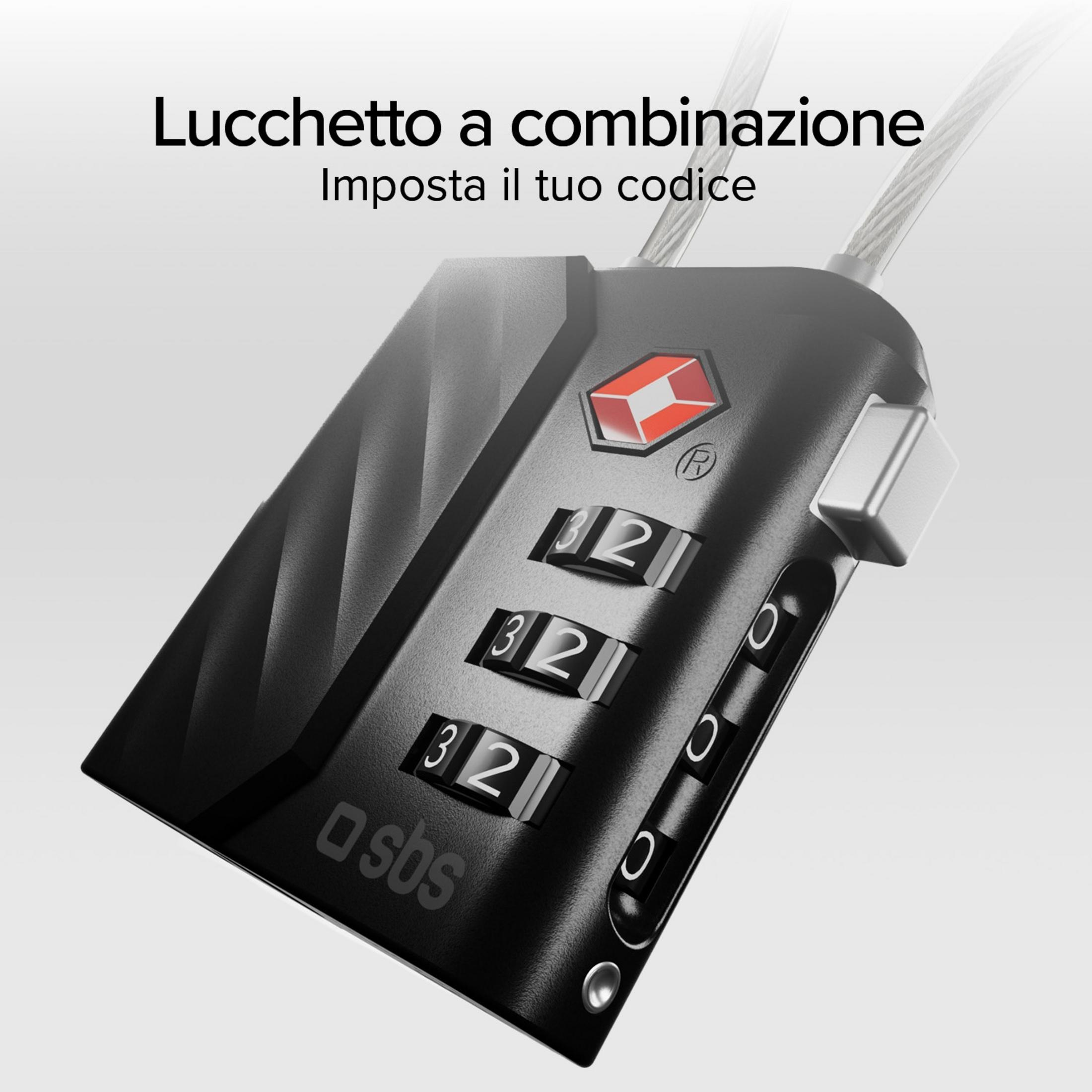 Lucchetto TSA a combinazione nero con tre rotelle e un pulsante argento.