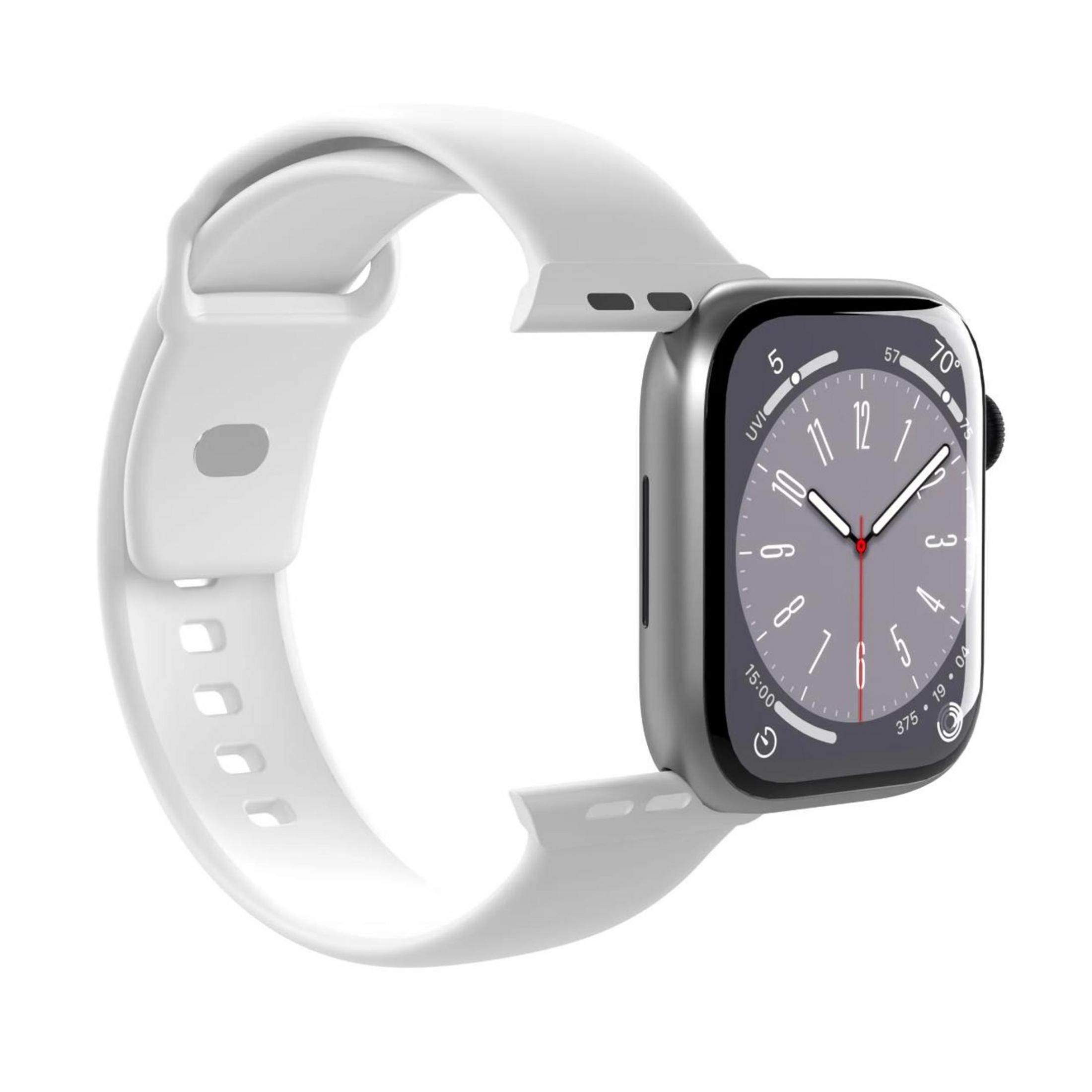 Un reloj inteligente blanco con caja plateada, que muestra las 10:08.