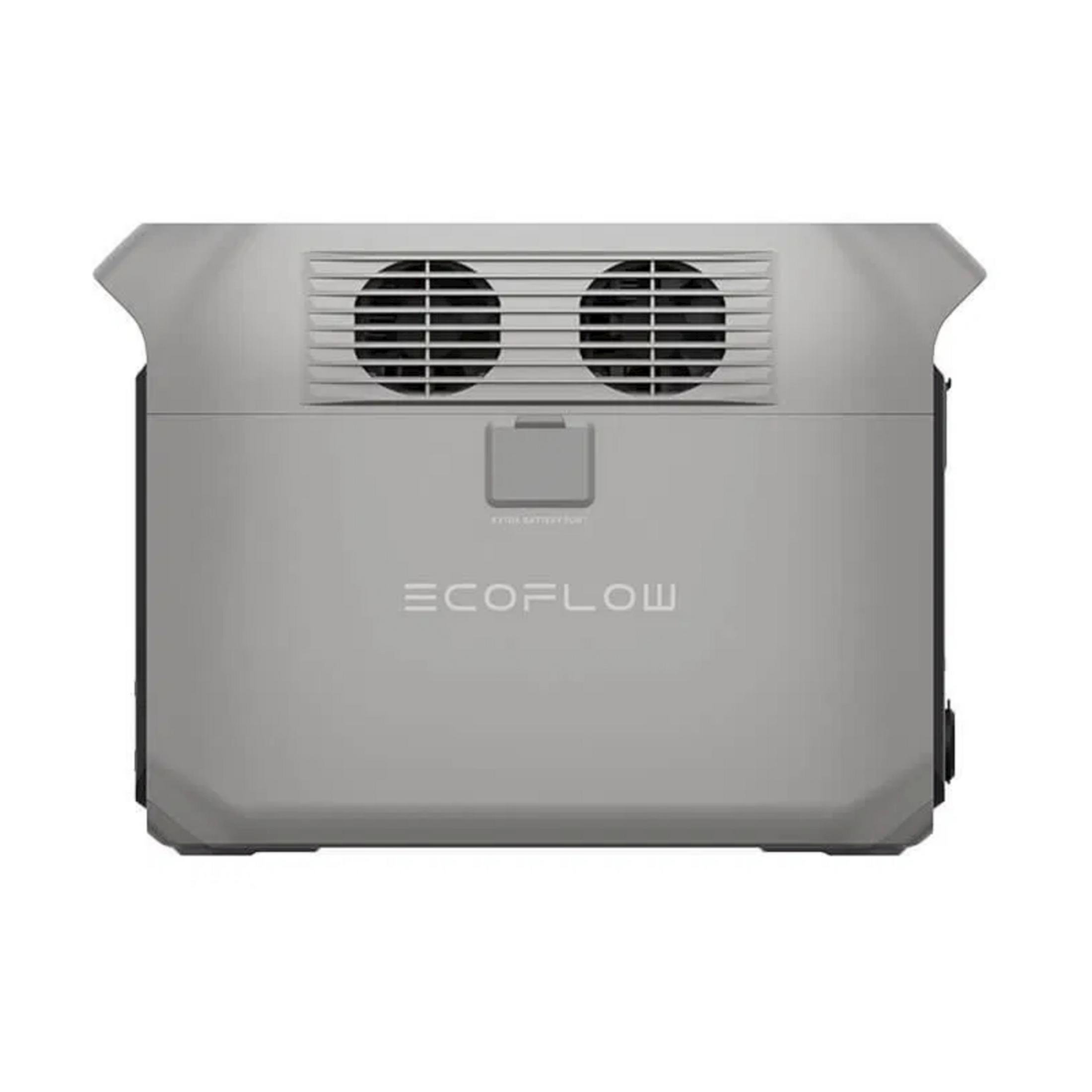 Szare urządzenie Ecoflow z dwoma górnymi otworami wentylacyjnymi i logo.