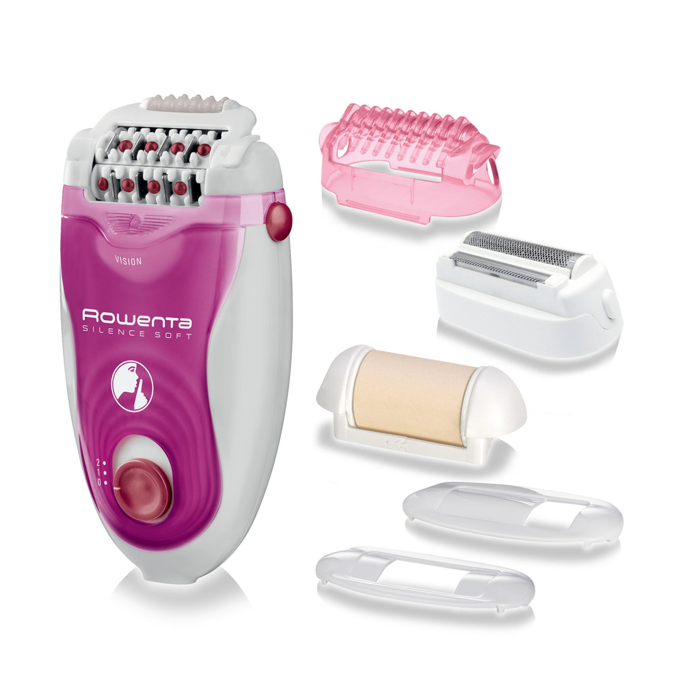 Różowa i biała depilarka z różnymi nasadkami na białym tle.