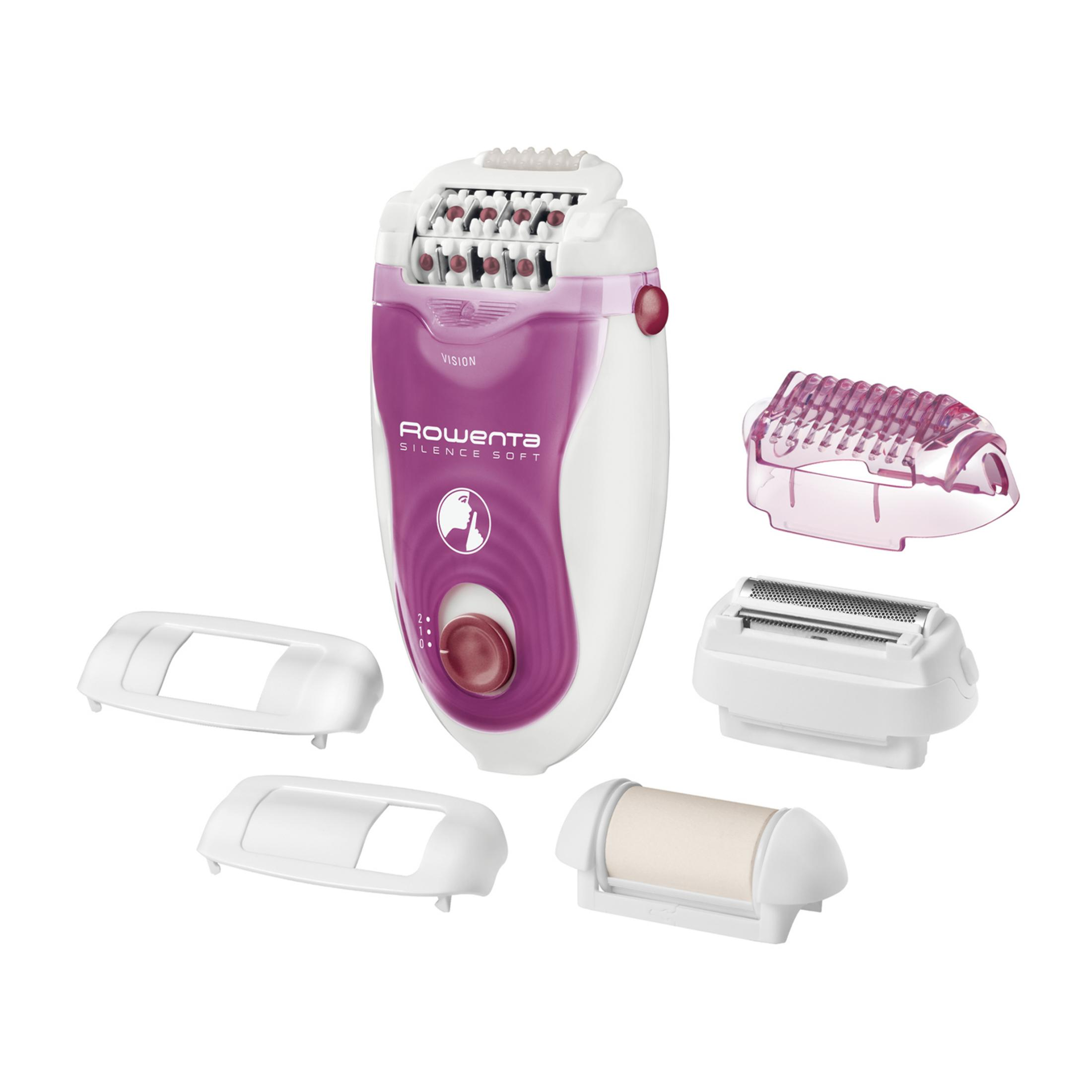 Biała i fioletowa depilator Rowenta z wieloma nasadkami na białym tle.