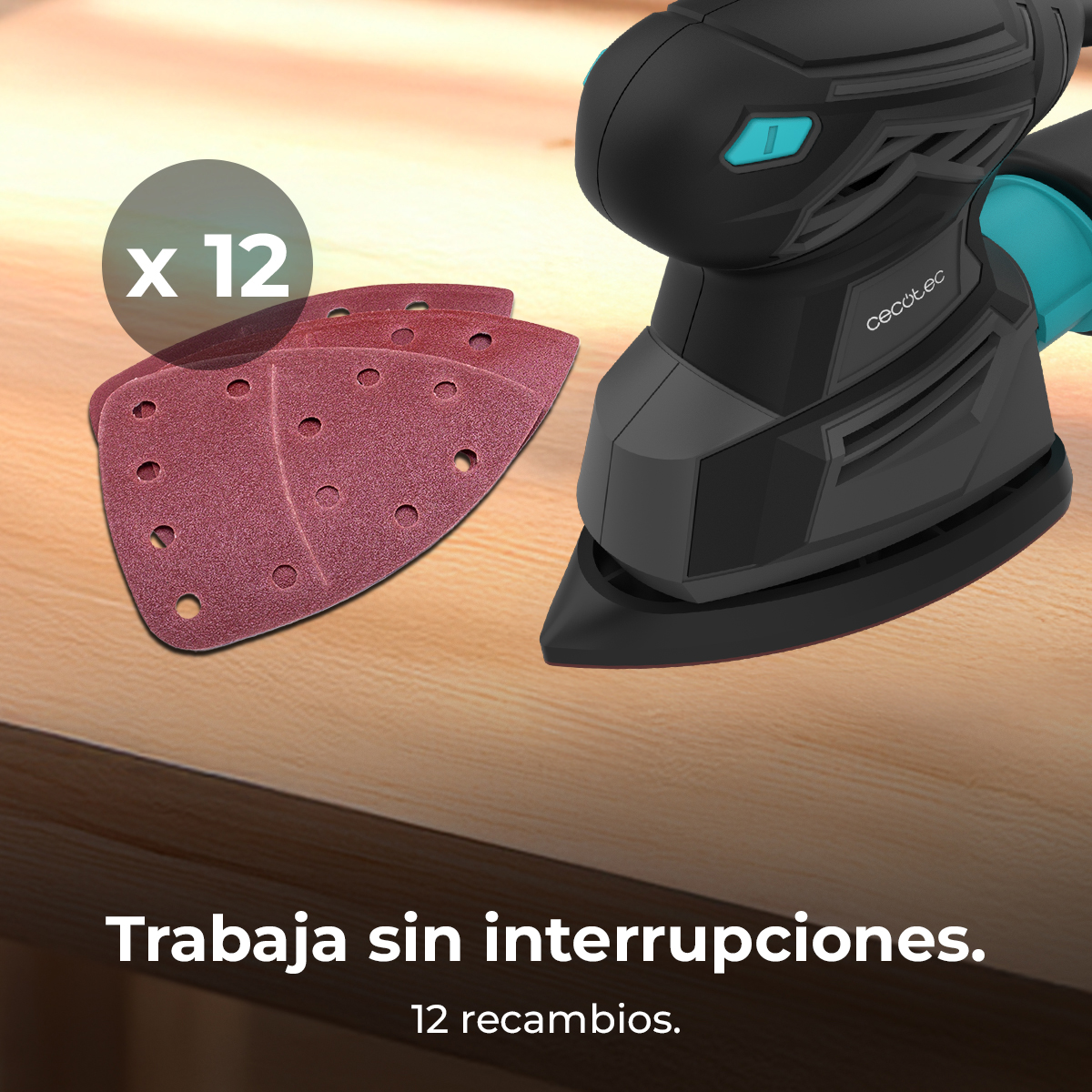 Lijadora con 12 hojas de lija rojas sobre mesa de madera.