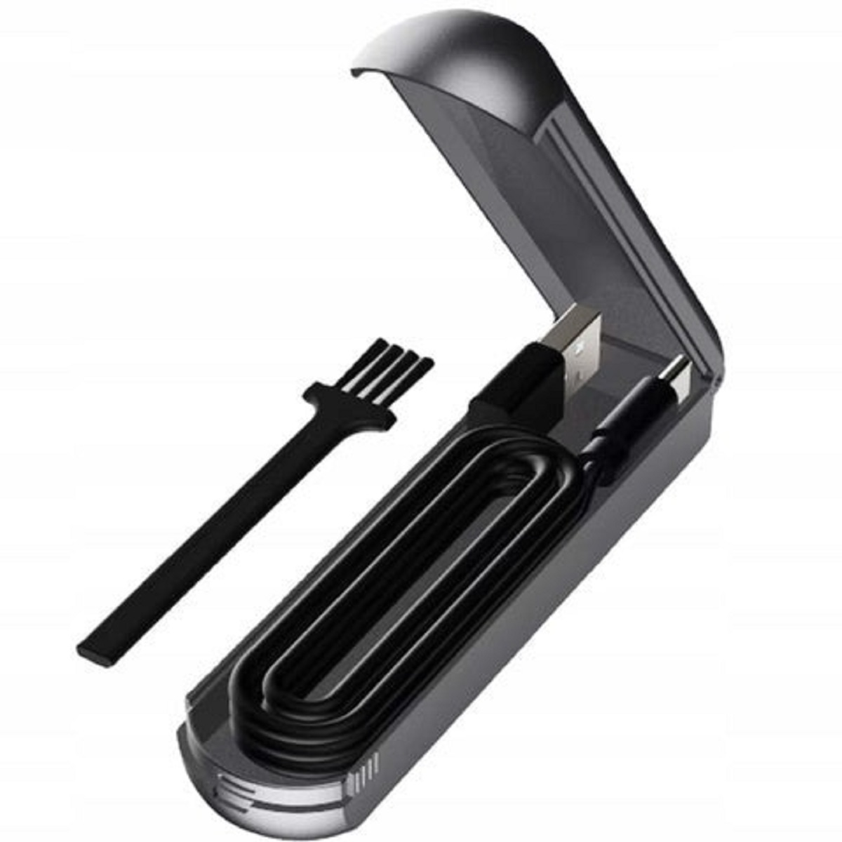 Un cable de carga negro con conectores USB-C y USB-A yace en un estuche negro abierto.