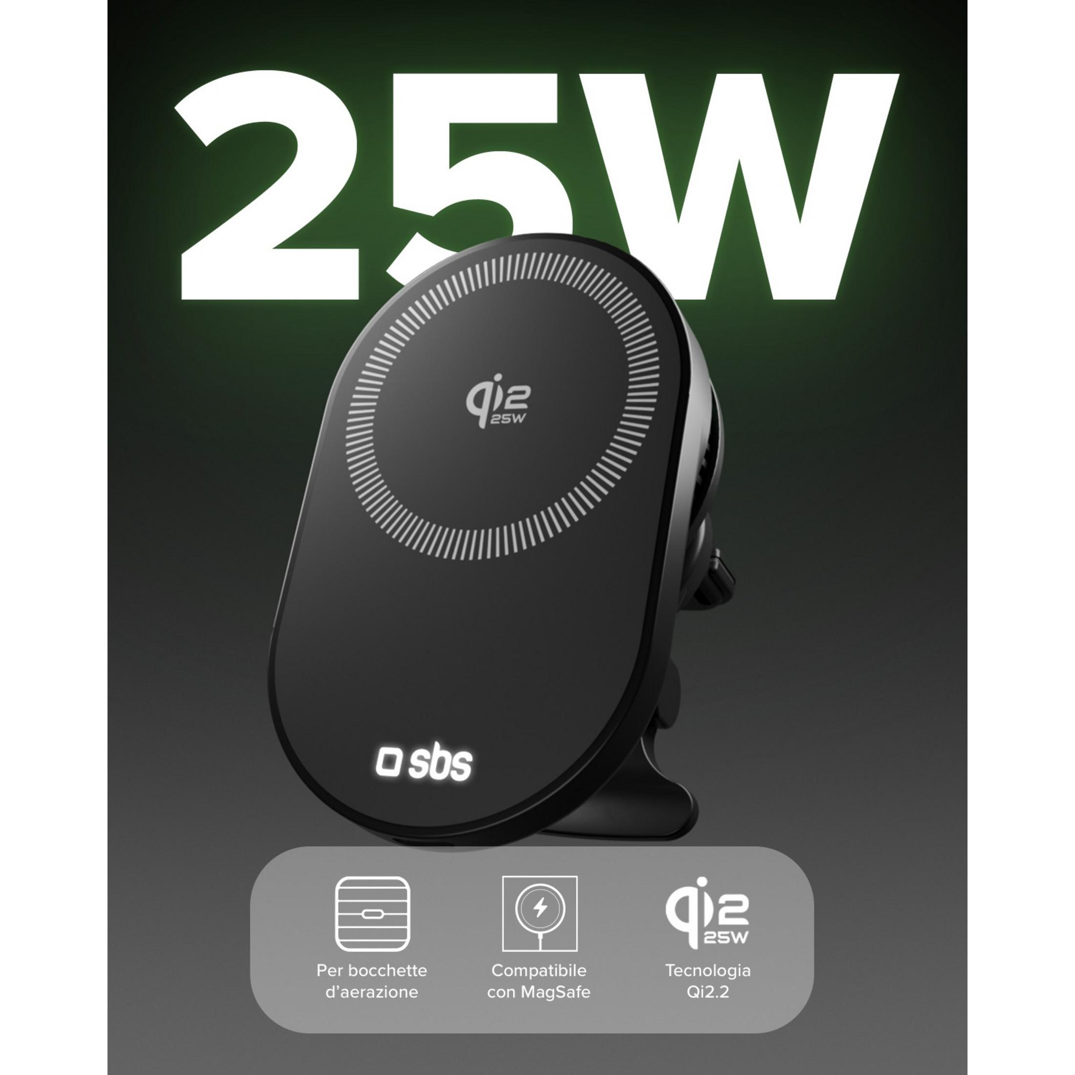 Cargador MagSafe negro SBS Qi2.2 25W para ventilación.