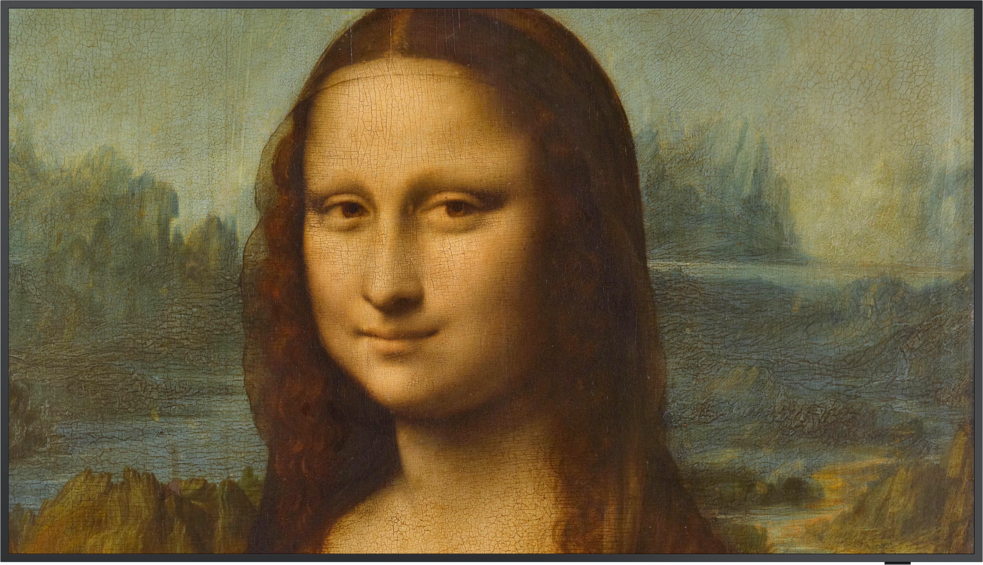 Mona Lisa patrzy w lewo, z krajobrazem w tle.