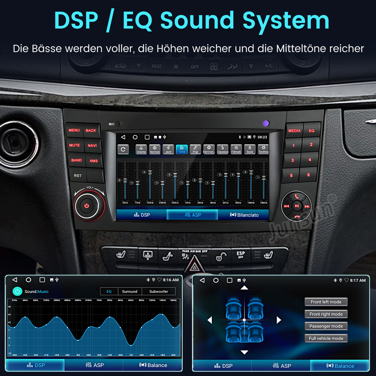 Auto-Infotainmentsystem mit EQ und DSP-Einstellungen, auch Tonmodi.