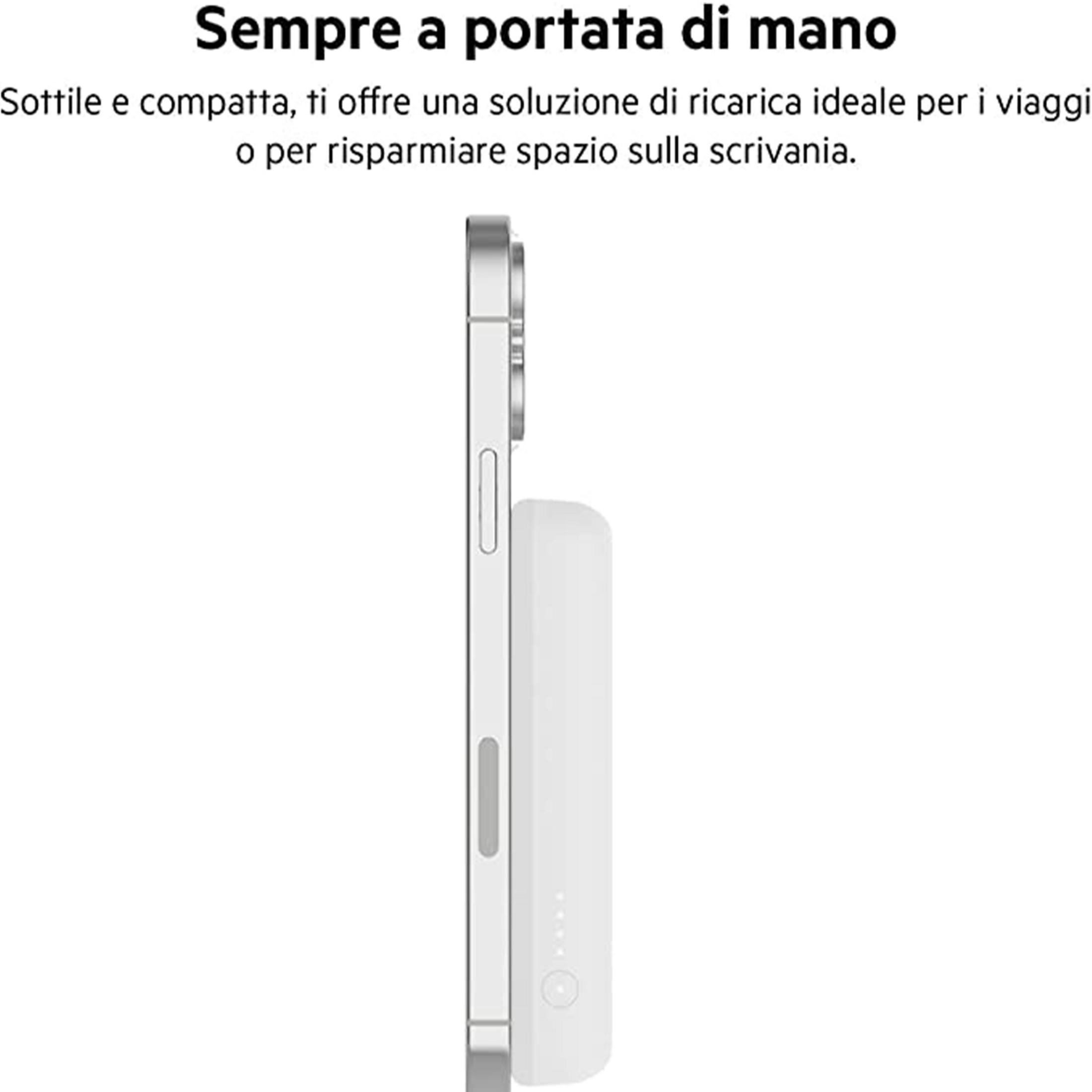 Een witte smartphone met een witte powerbank aan de zijkant bevestigd.