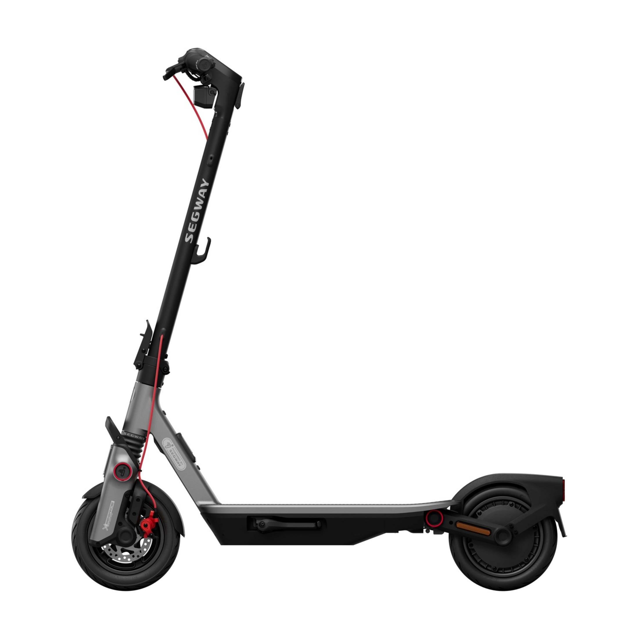 Grauer Elektroroller mit schwarzem Lenker und roten Akzenten.