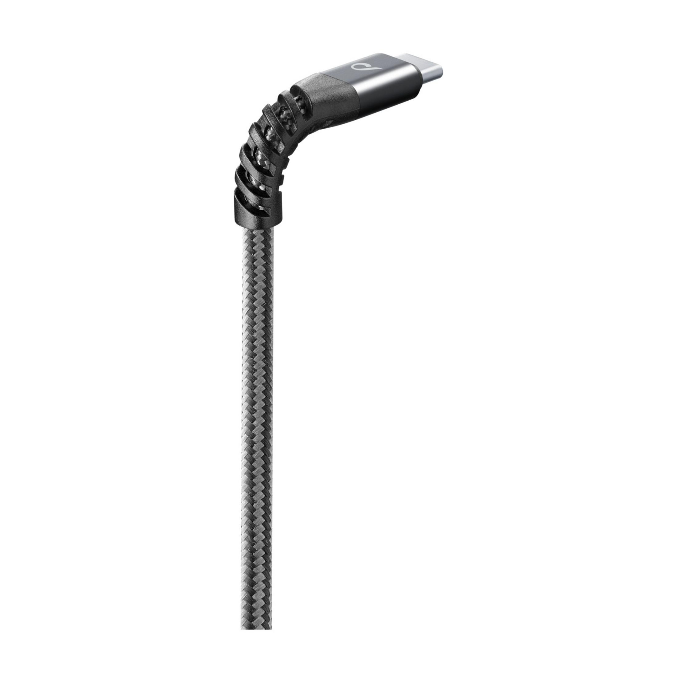 Ein schwarzes USB-C-Kabel mit grauem Geflecht und einer spiralförmigen Knickschutzmanschette.