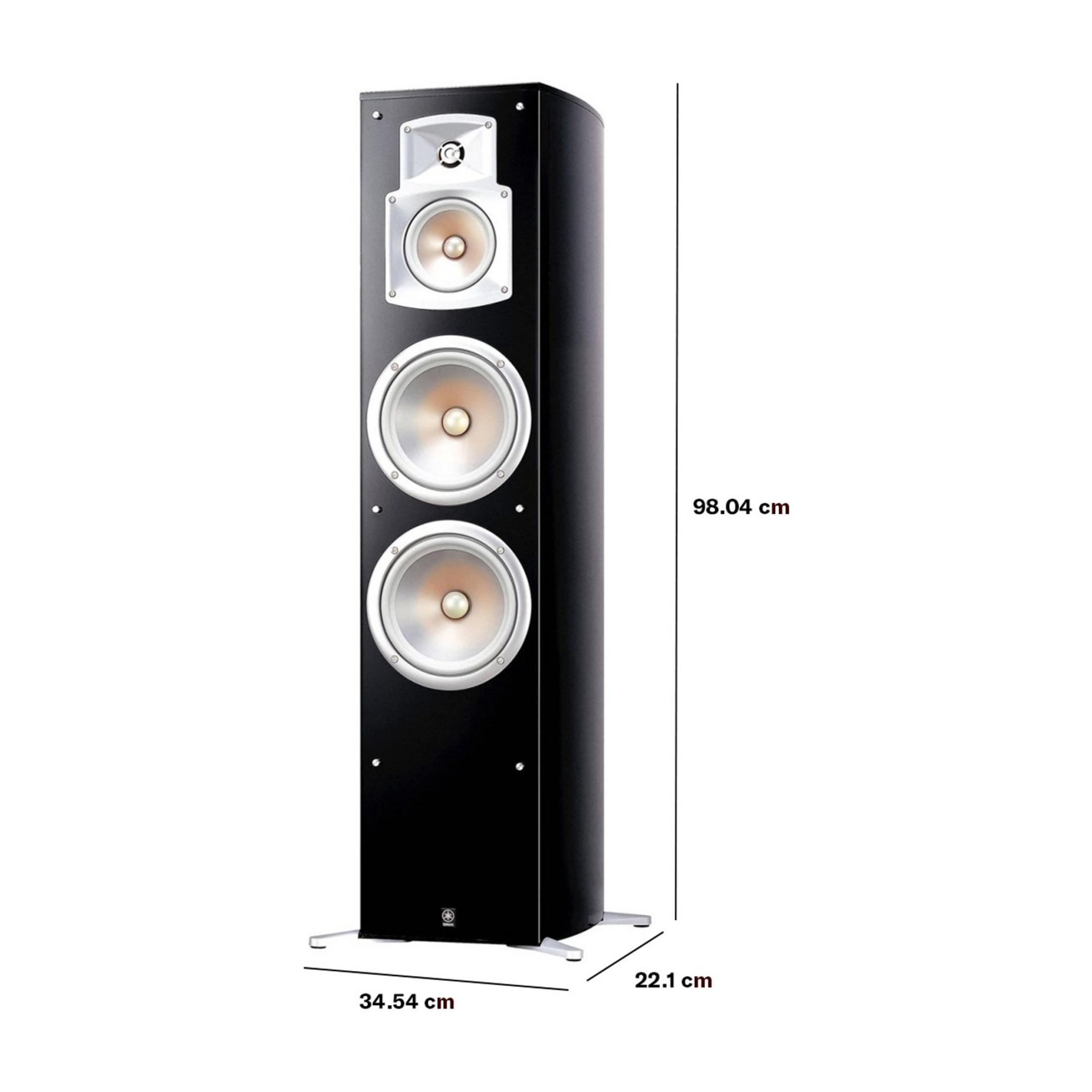 Altavoz Yamaha negro con tres drivers y detalles plateados. Alto: 98cm, Ancho: 34cm, Fondo: 22cm.