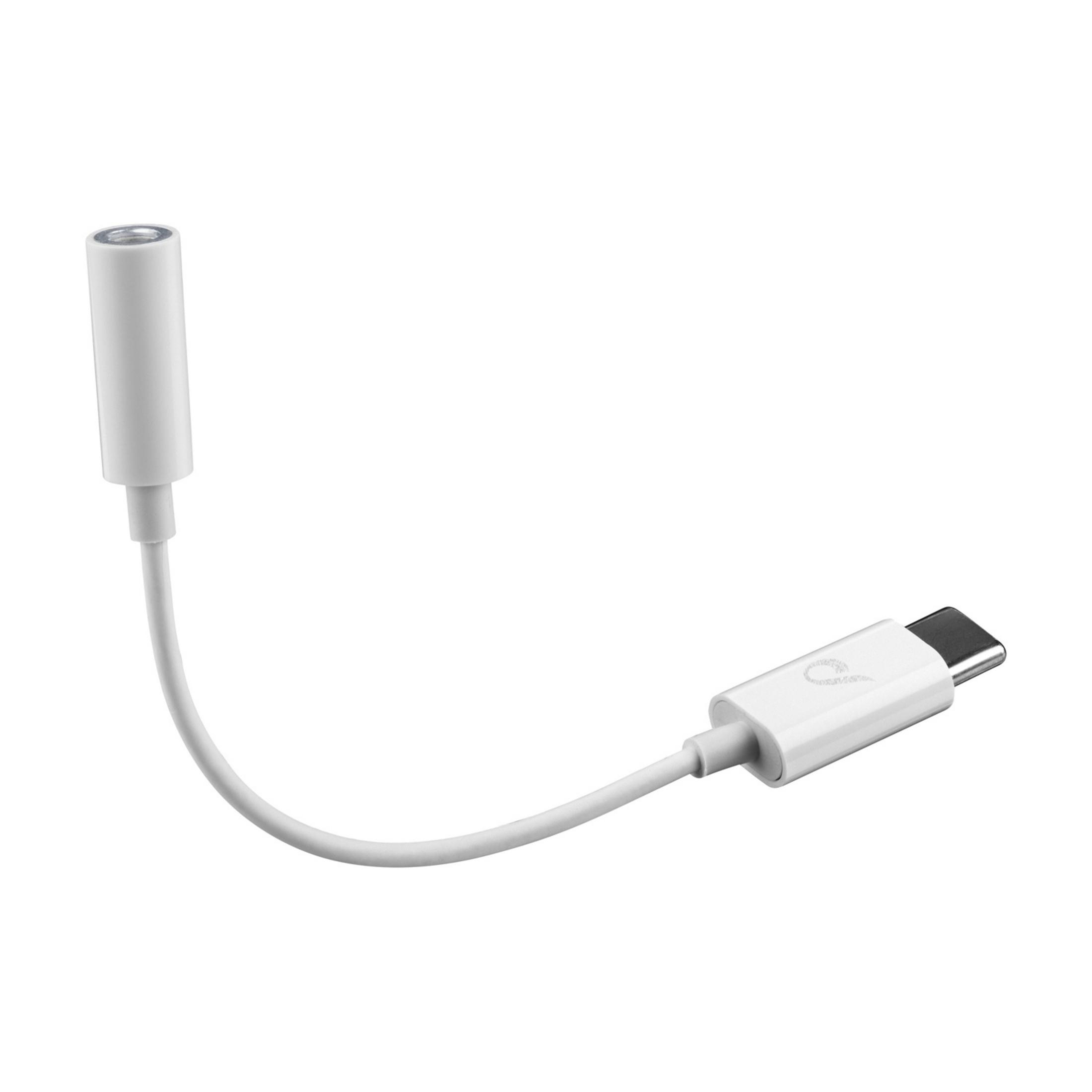 Ein weißer USB-C-Adapter mit einem 3,5-mm-Anschluss, der auf einem weißen Hintergrund liegt.