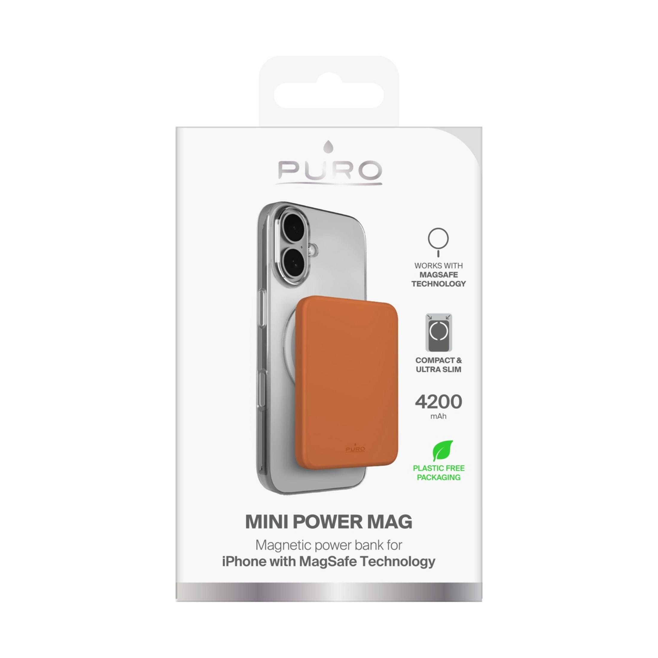 Ein orangefarbenes MagSafe-Ladegerät auf einem iPhone-Gehäuse, mit Produktdetails.
