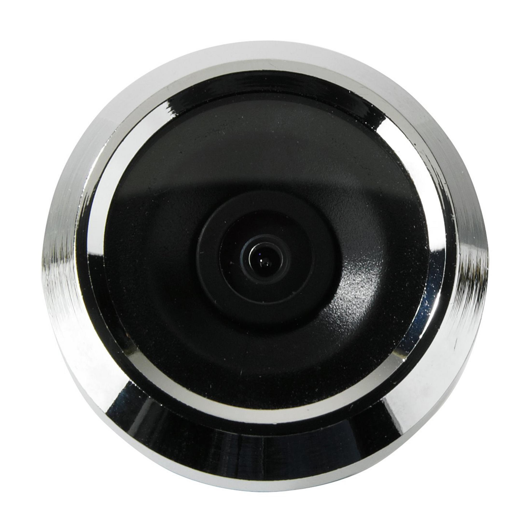 Ein runder, silberner Spion mit schwarzem Kern und Linse.