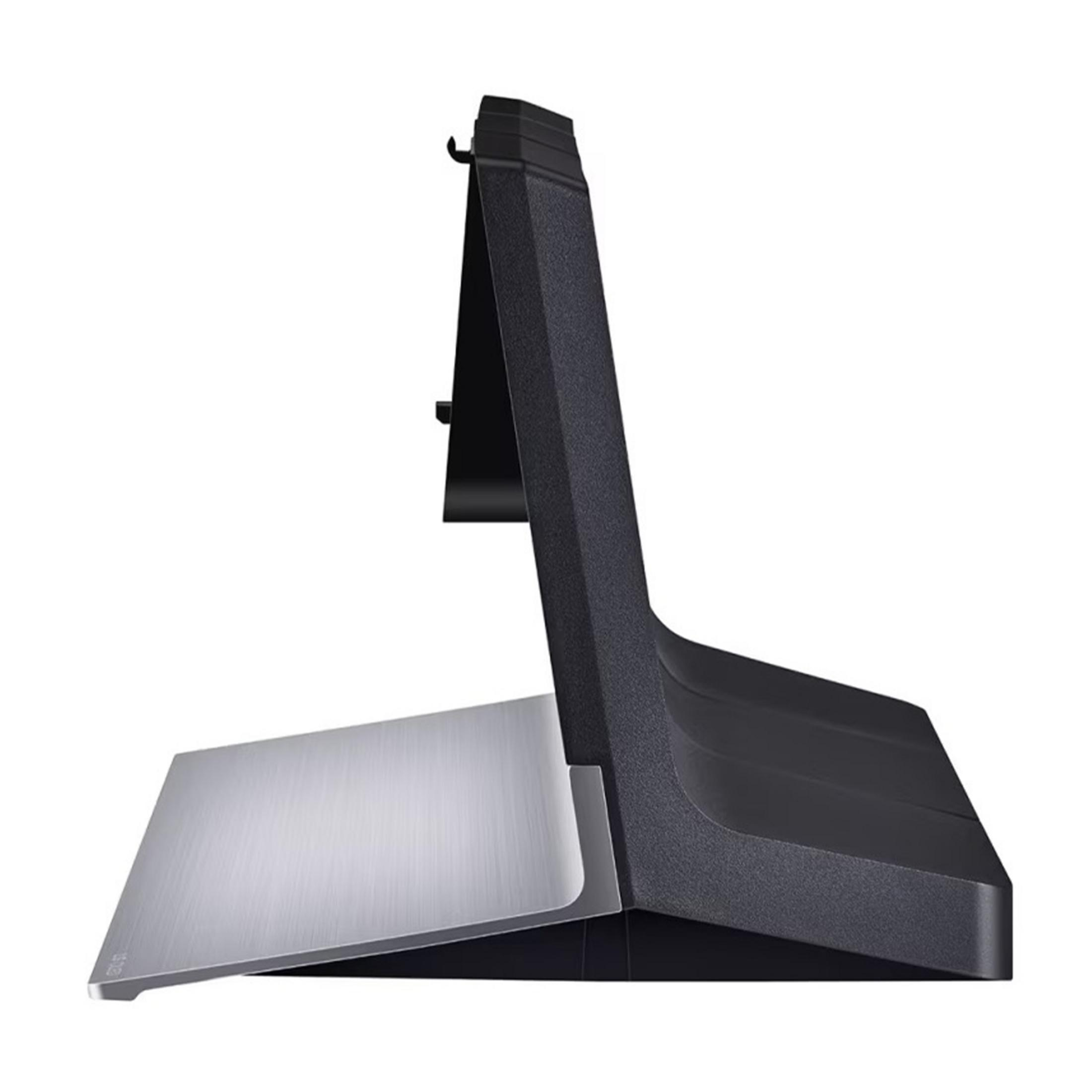 Un soporte negro con base plateada, aislado sobre fondo blanco.