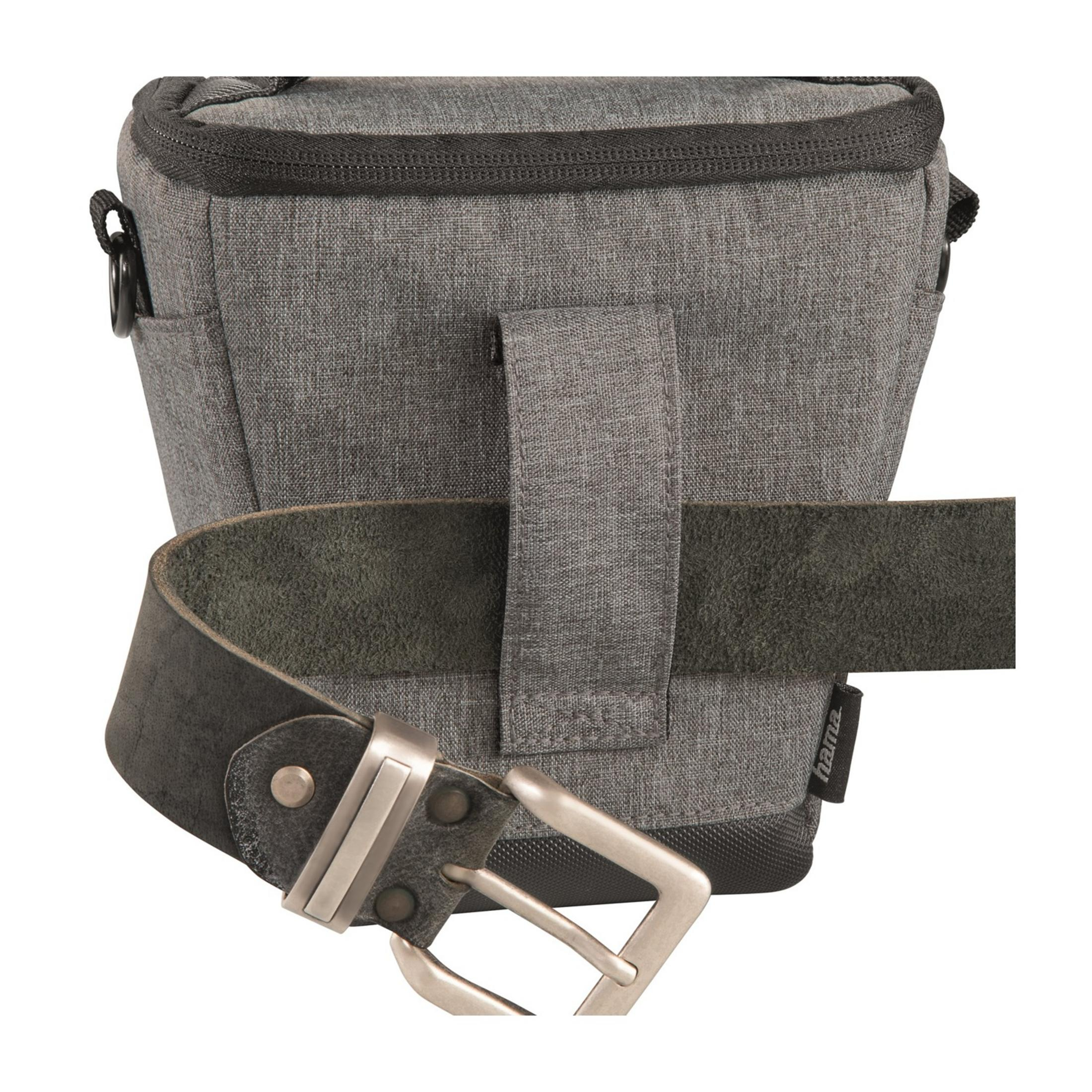 Gray bag with belt loop and buckle. White background.