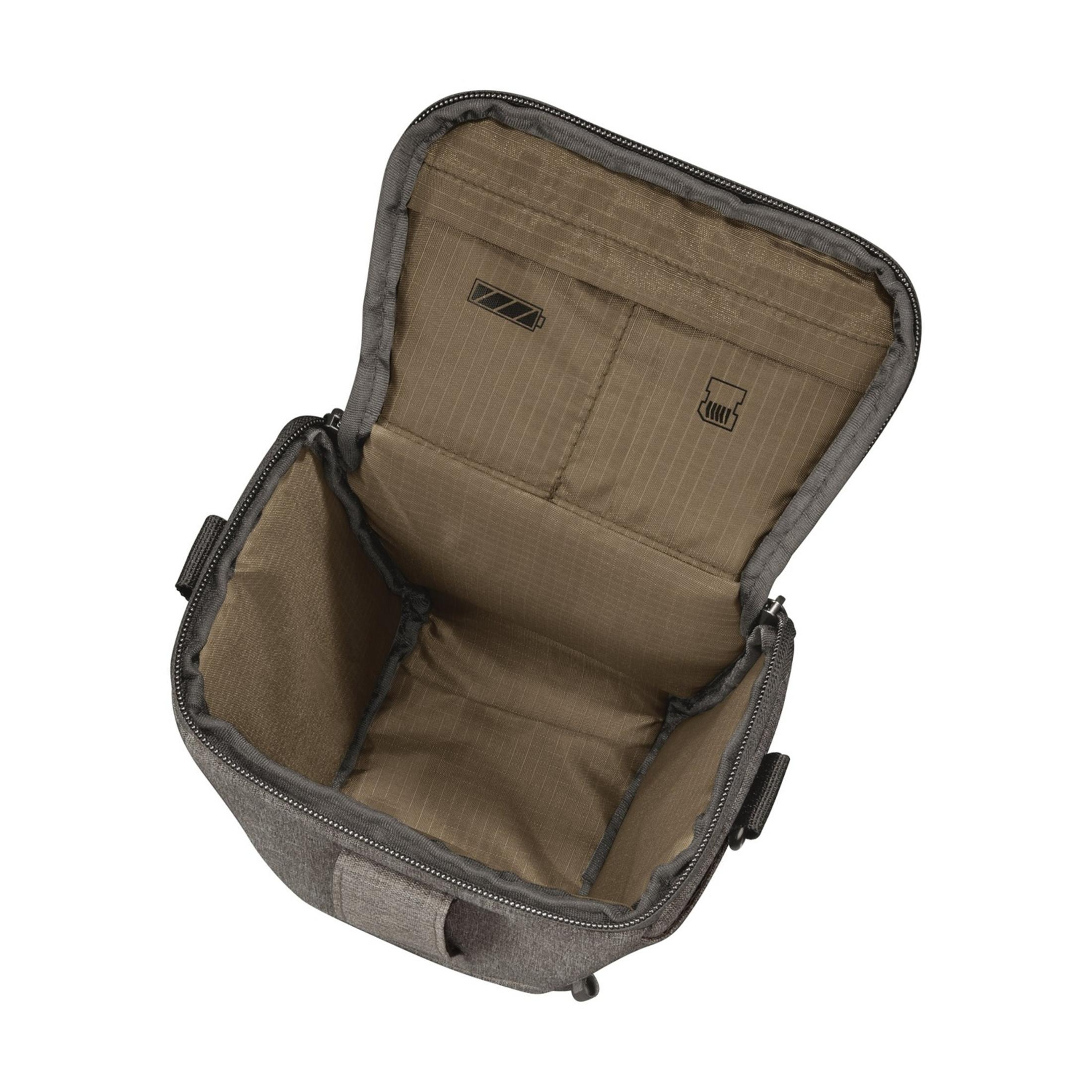 Gray bag with open zipper and brown interior lining with symbols.