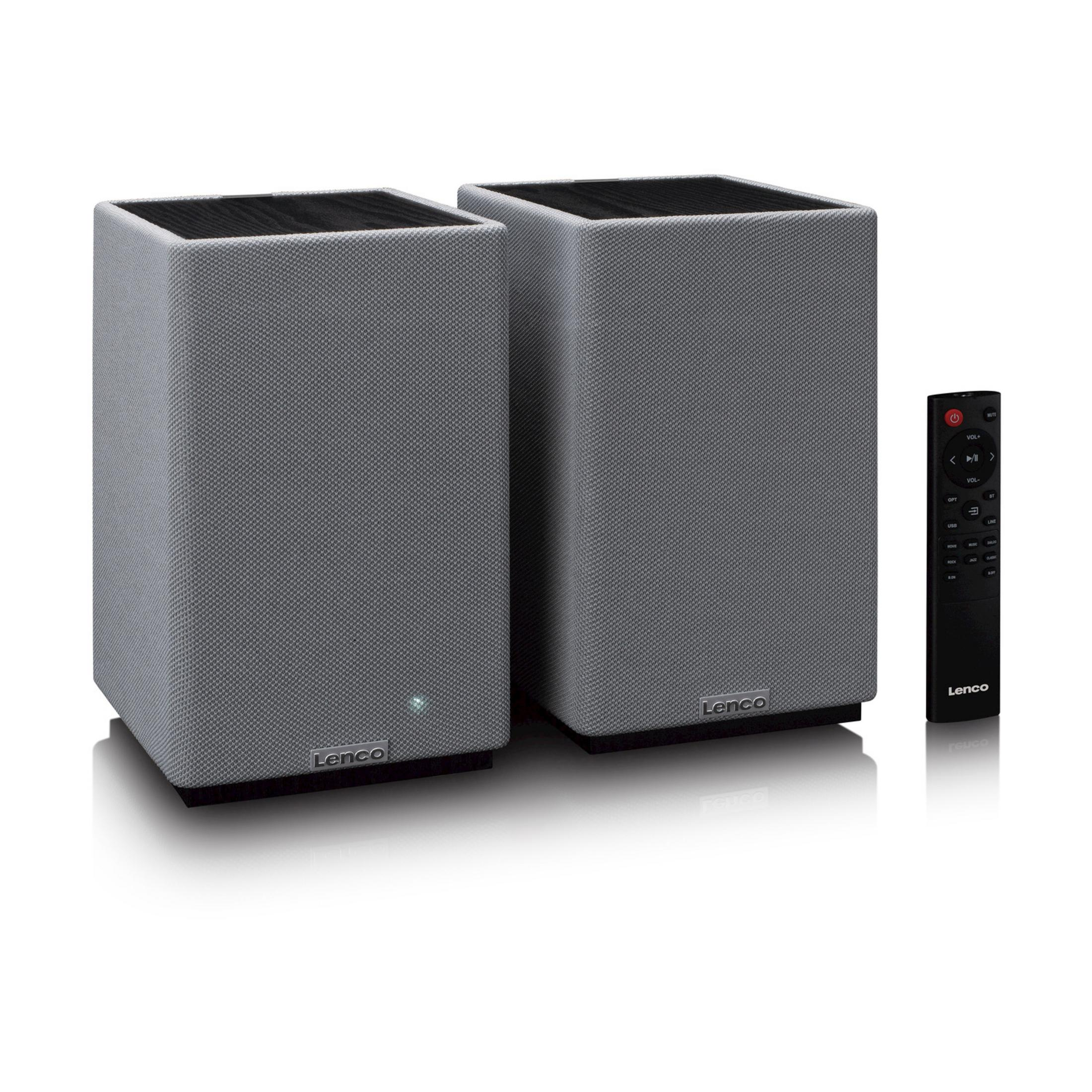Dwa szare głośniki Lenco z pilotem na białym tle.