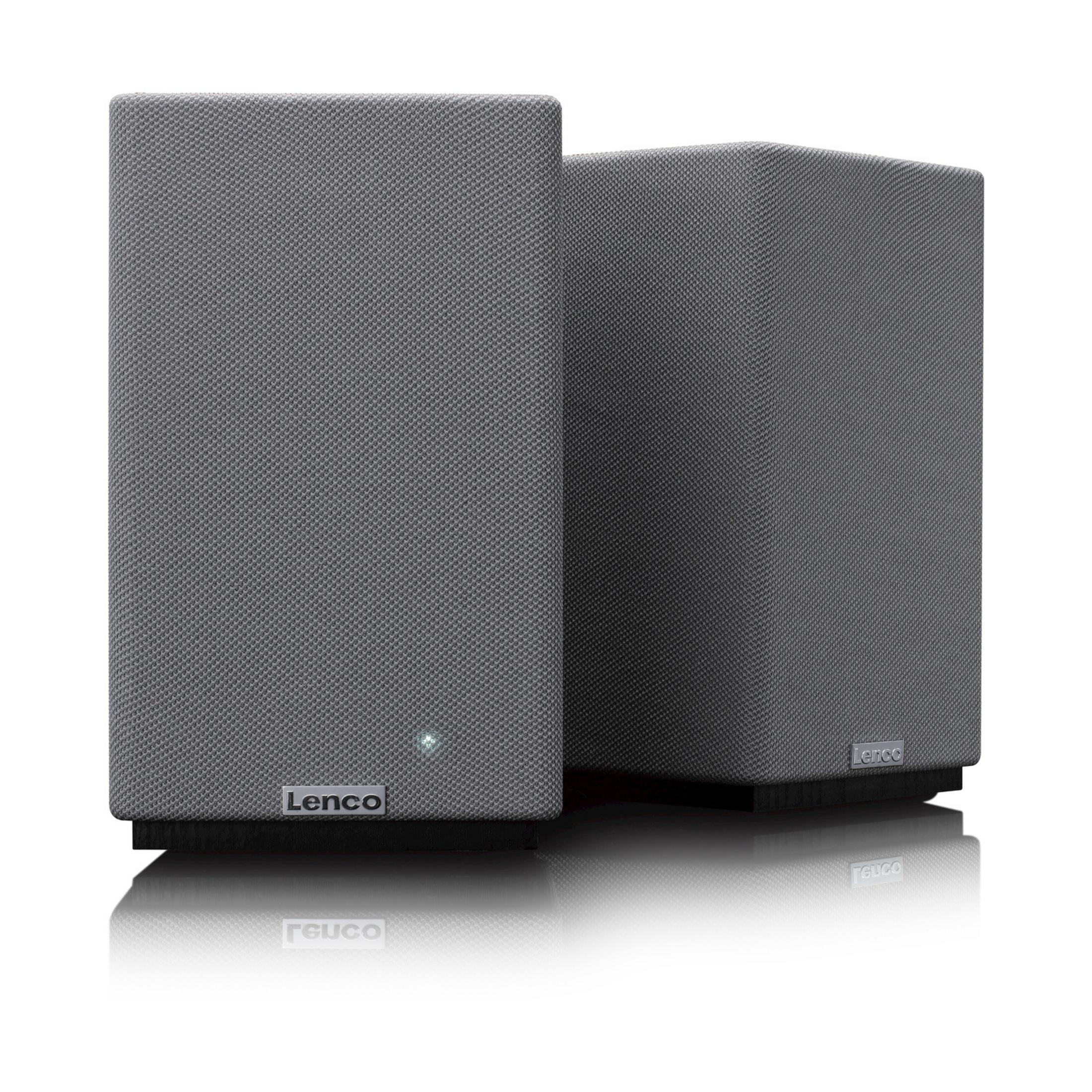 Dwa szare głośniki Lenco stoją obok siebie na czarnych podstawach.