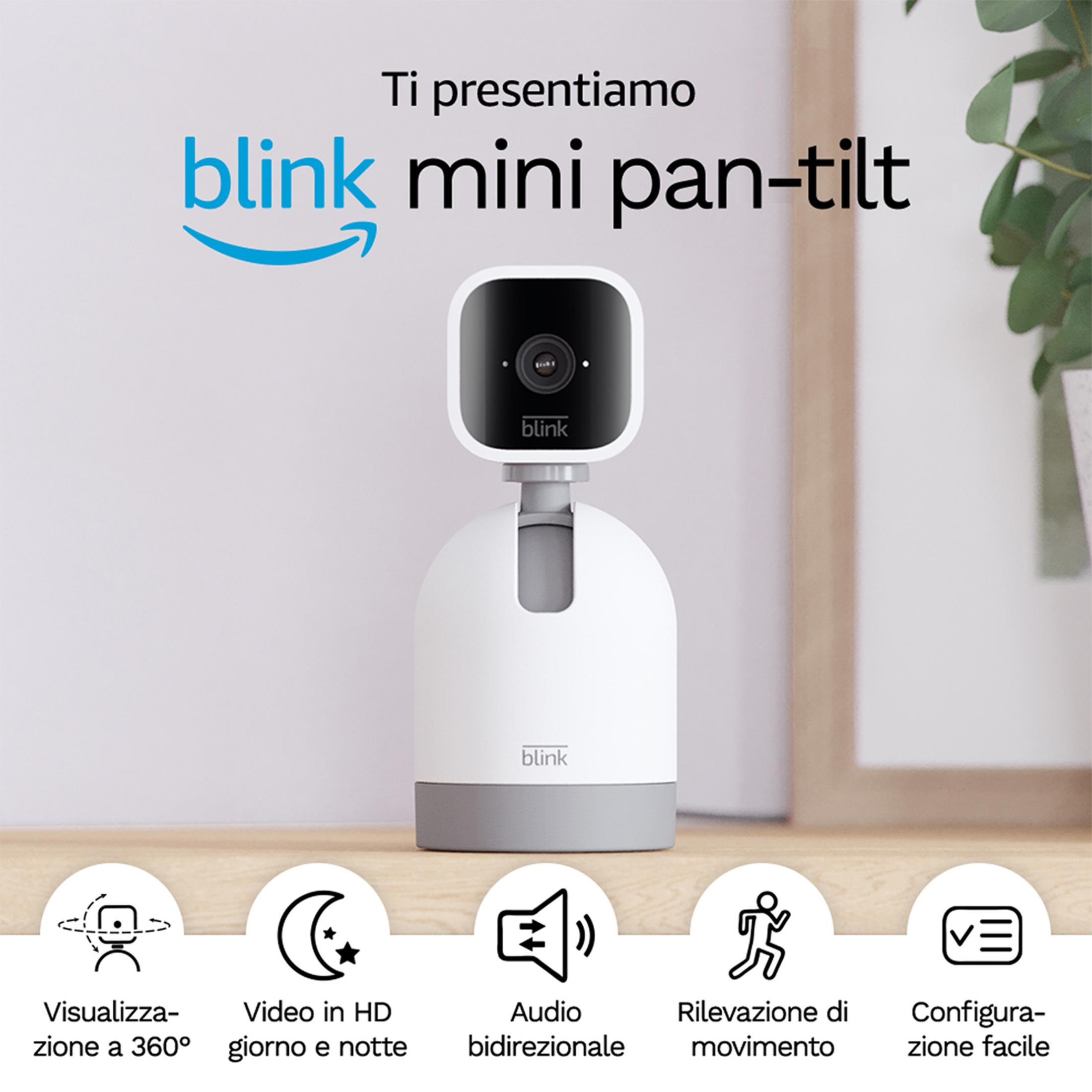 Kamera Blink Mini Pan-Tilt z widokiem 360°, wideo HD, dwukierunkowy dźwięk, detekcja ruchu.