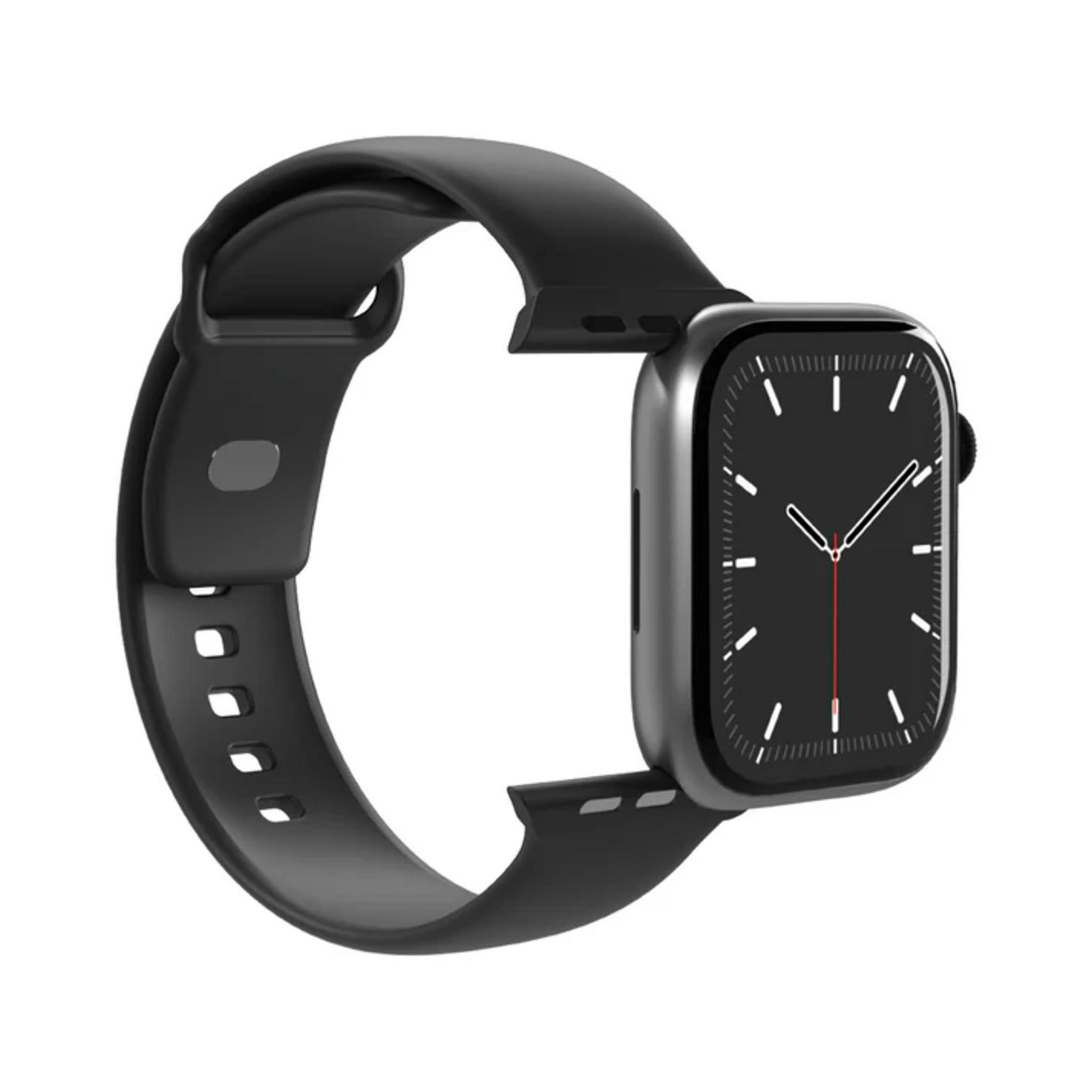 Uno smartwatch grigio con cinturino nero su sfondo bianco.