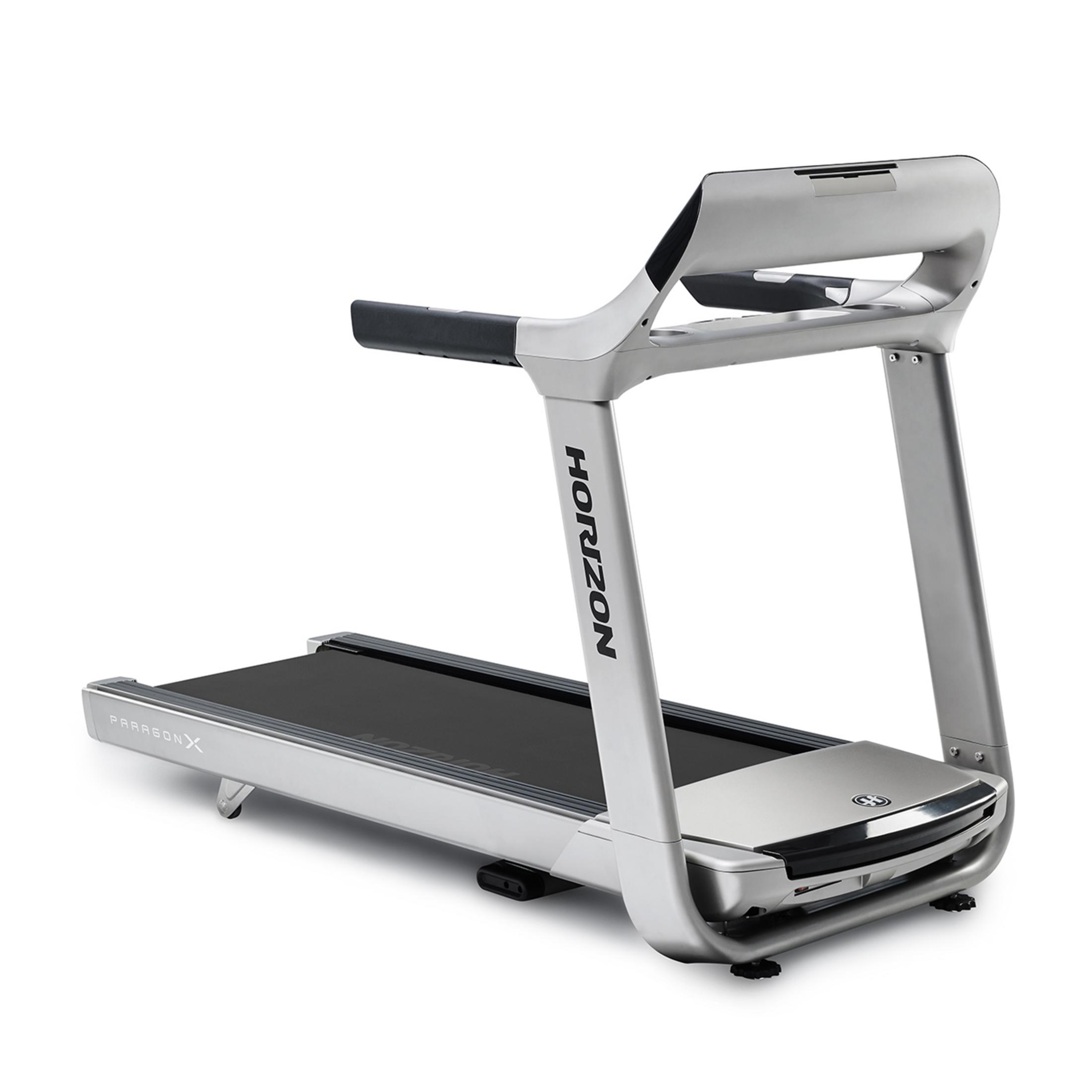 Srebrna bieżnia Horizon z czarną poręczą i pasem.