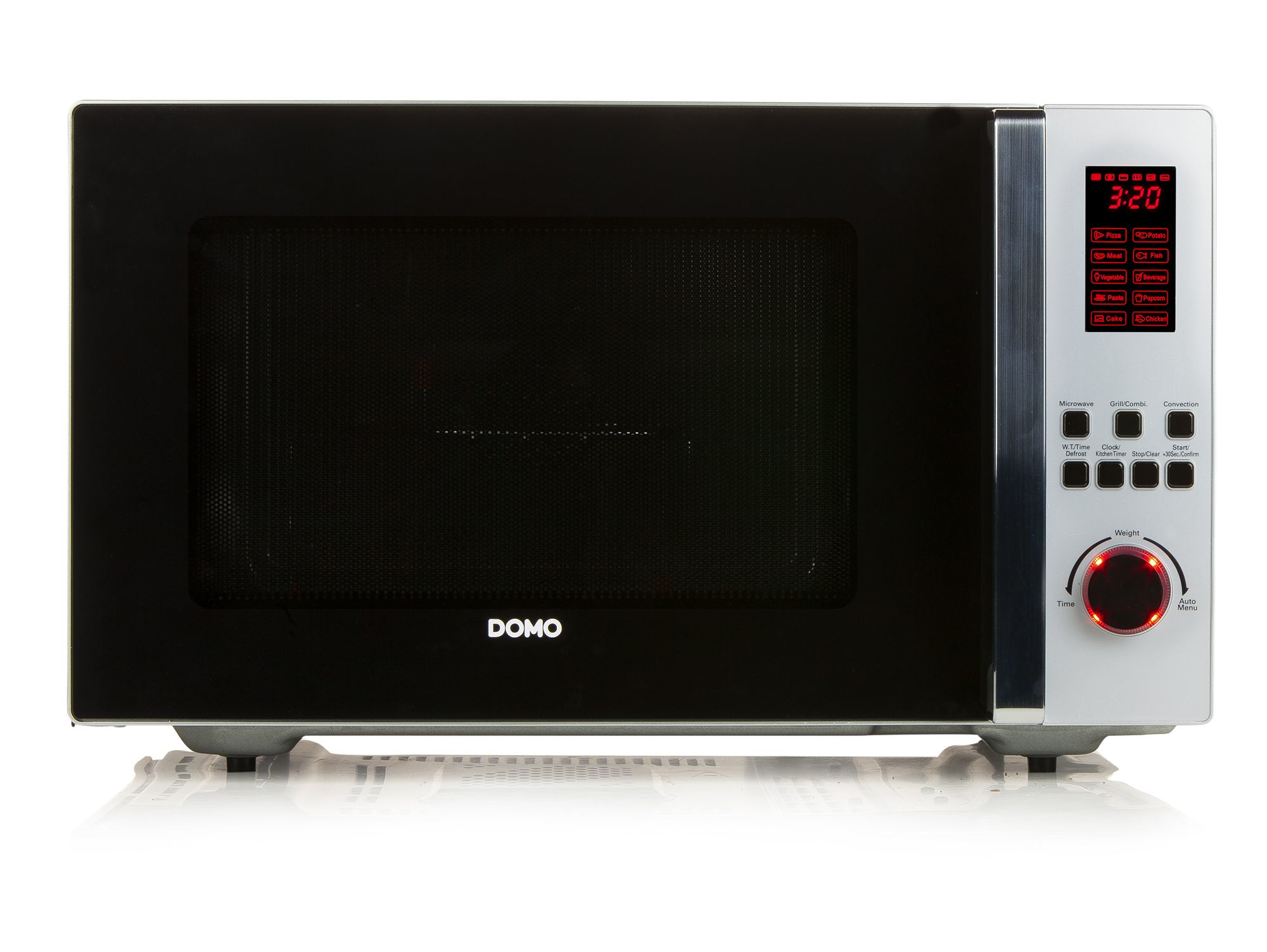 Un four à micro-ondes Domo argenté et noir avec écran numérique et boutons de commande.
